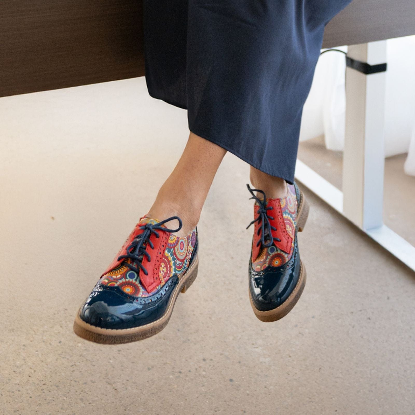 The Artist - Navy Multi - Women's leather lace-up shoe with brogue detailing