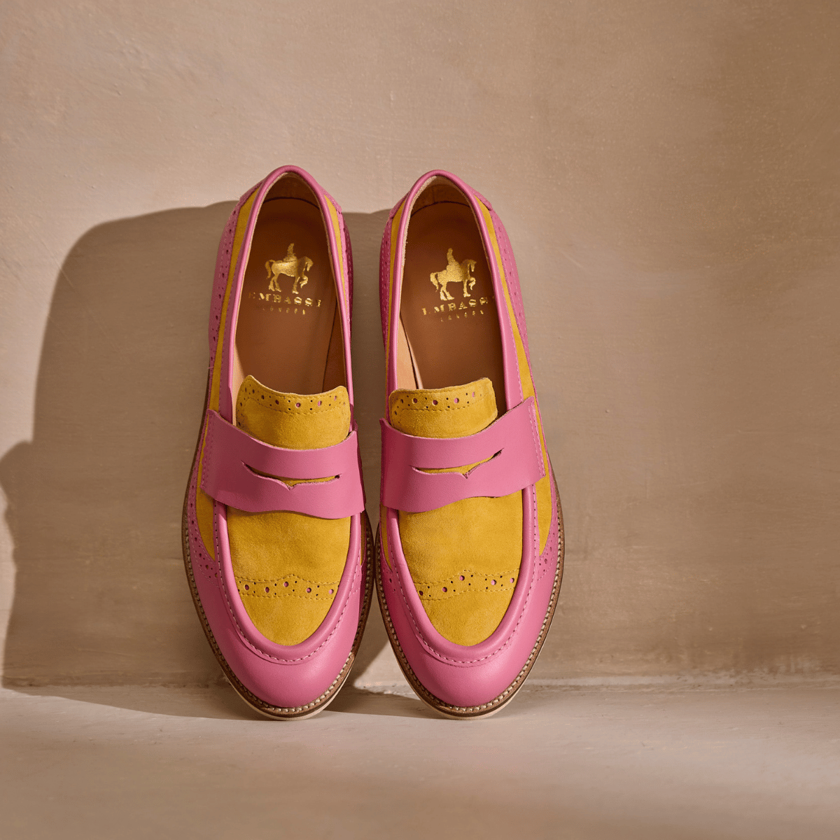 Angelina - Pink & Yellow - Women's Leather Almond Toe Penny Loafer with Broguing
