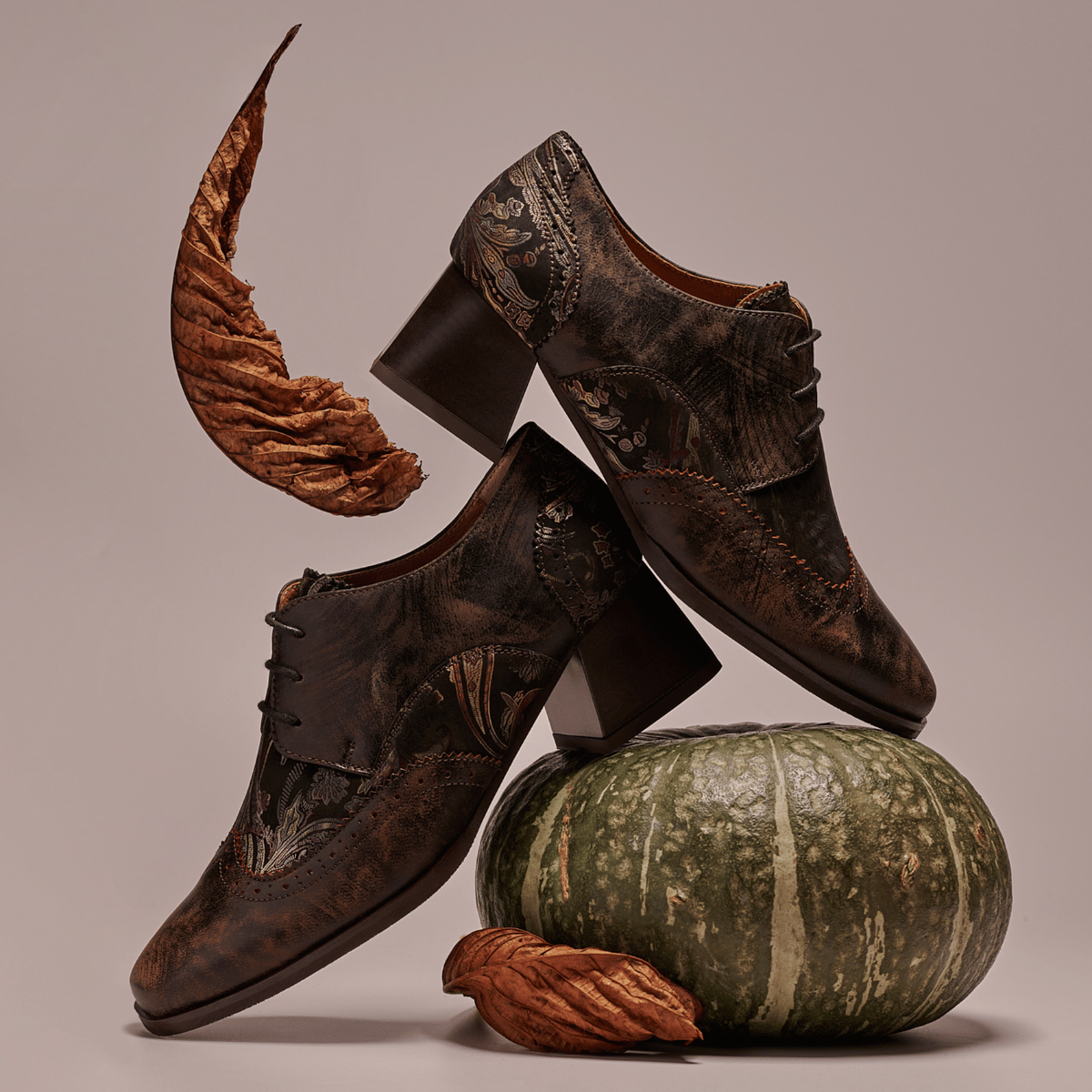 Ziggy - Brown Print - Women’s Leather & Paisley Lace-up Brogue Heel