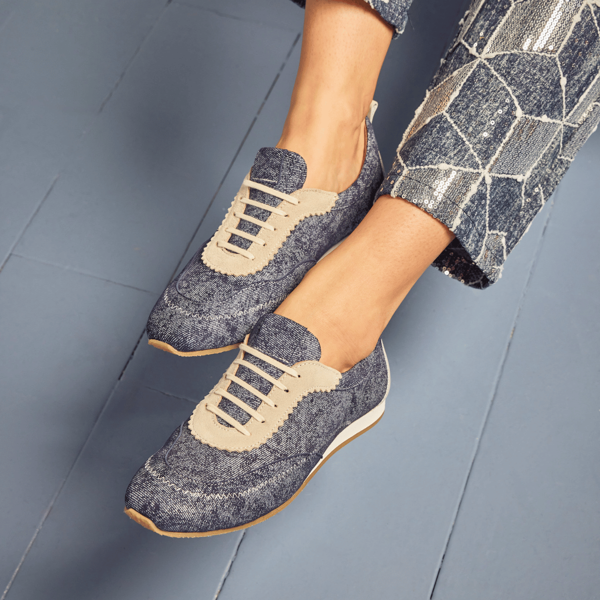 Shoreditch - Denim - Women's Suede & Denim Slim Trainer