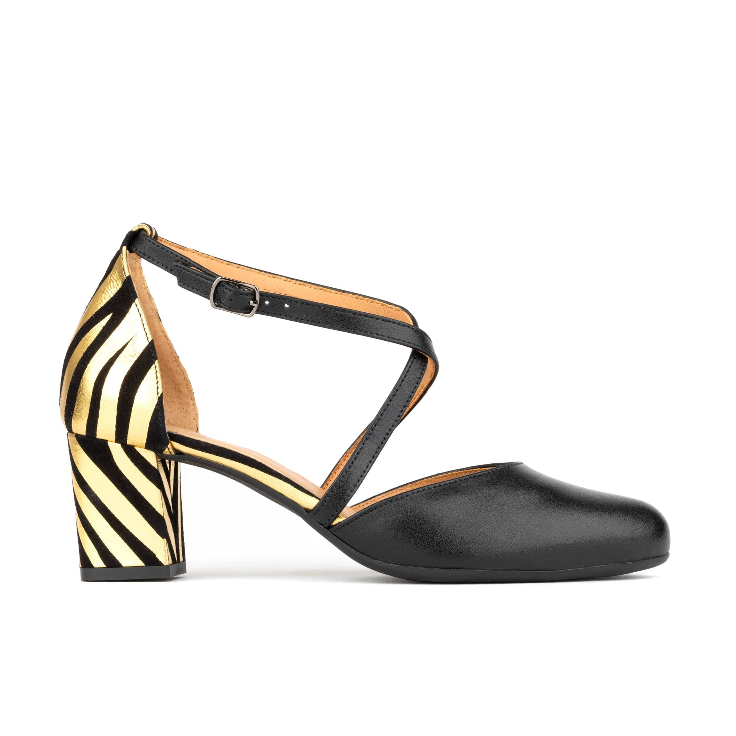 Danni - Black & Gold Stripes - Women's leather closed-toe block heel with gold foil details