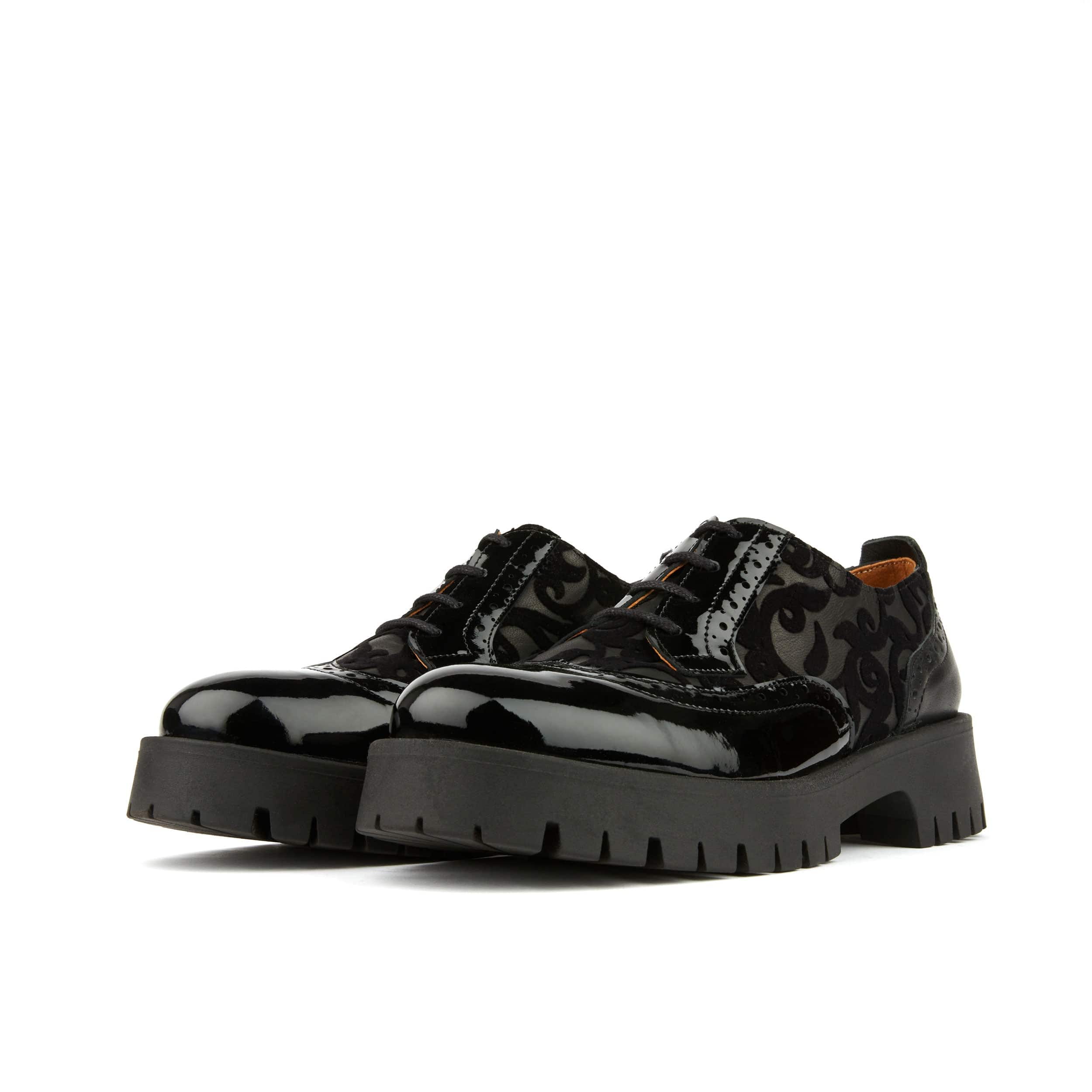 Artisan - Black Floral - Women's leather lace-up shoe with brogue detailing