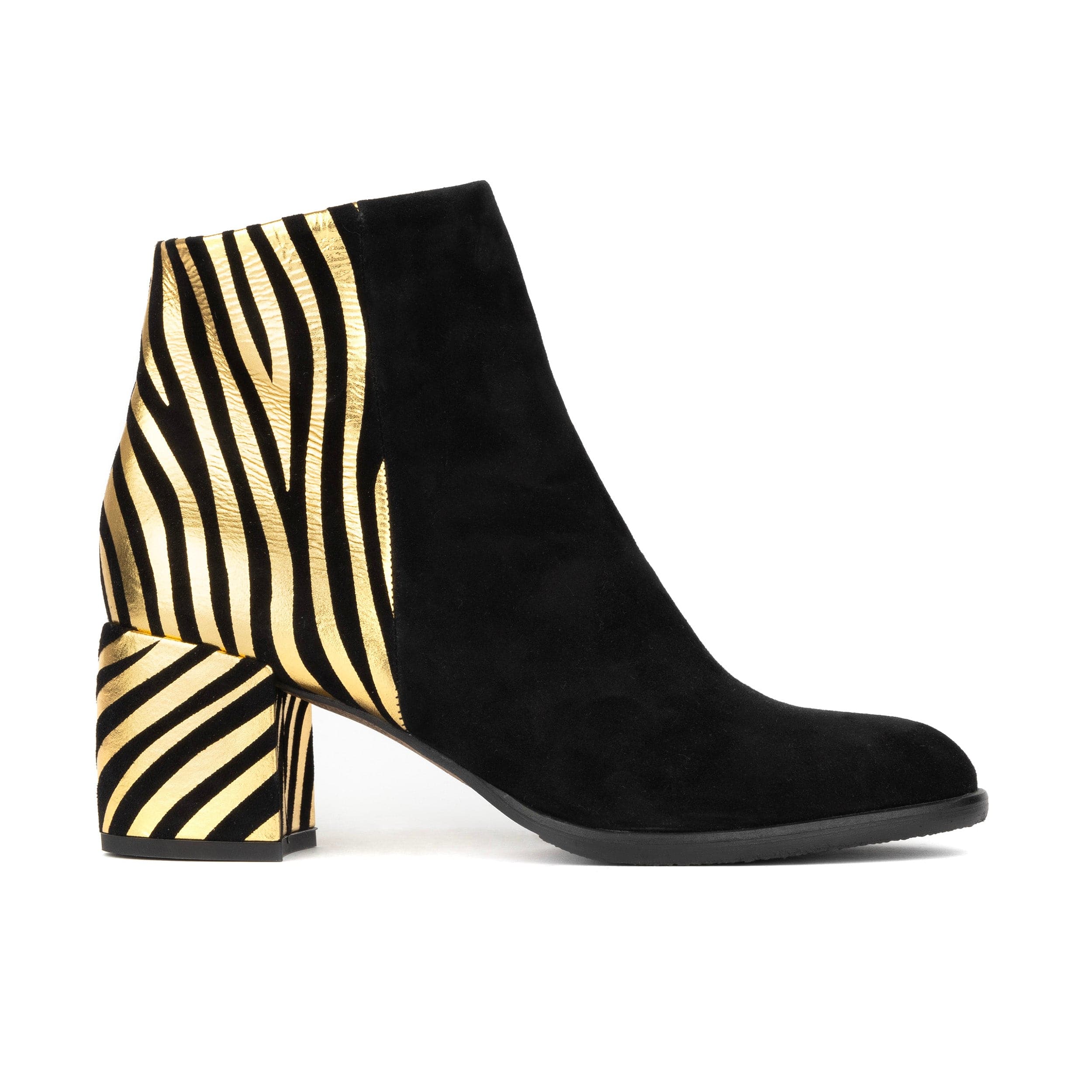 Impala - Black & Gold - Women's Suede Ankle Boot with Block Heel & Gold Foil Zebra Stripes