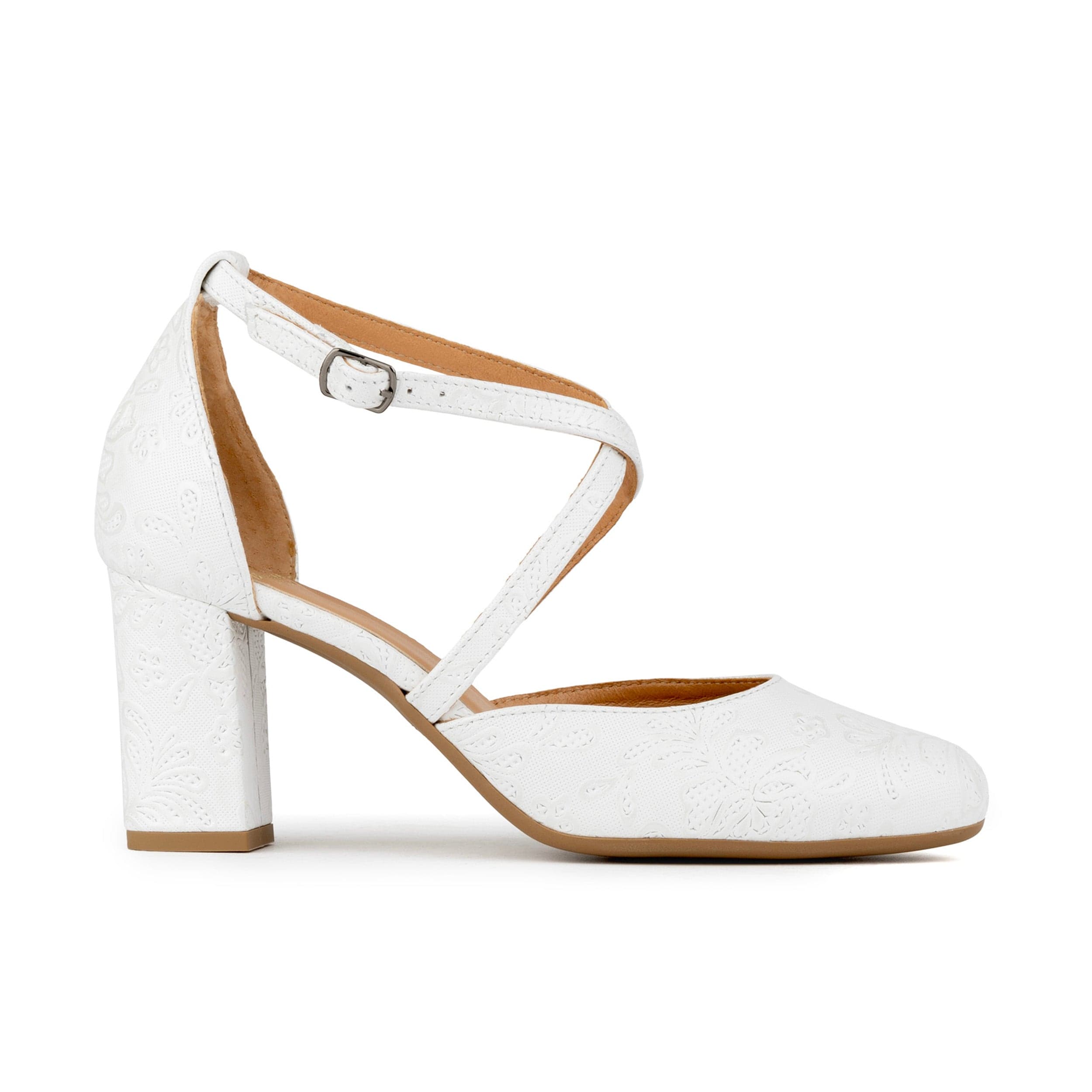 Kylie - Wedding White - Women's leather strappy 3 inch block heel in white floral emboss leather