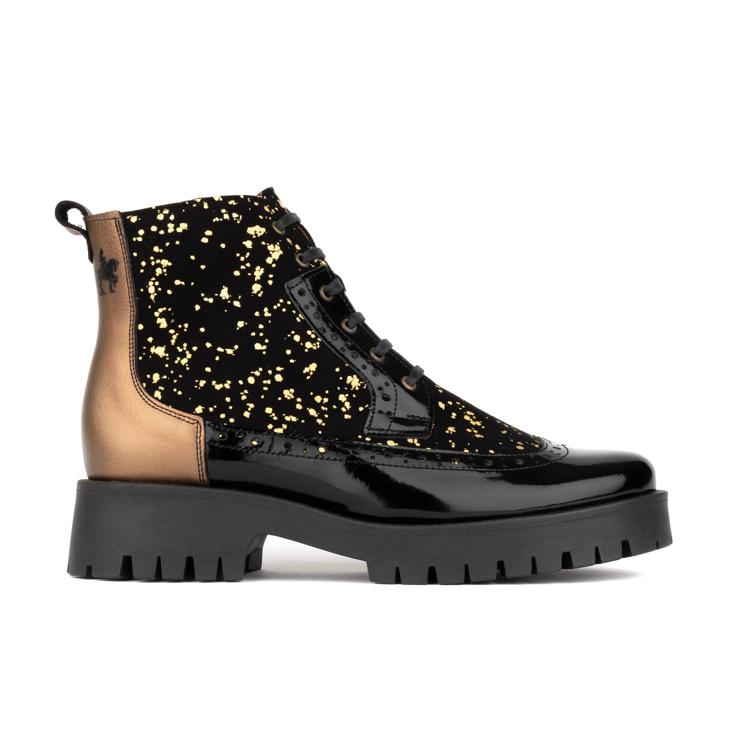 Hatter Platform - Black Gold Drops - Women's Leather Ankle Lace-up Boot with cleated platform sole