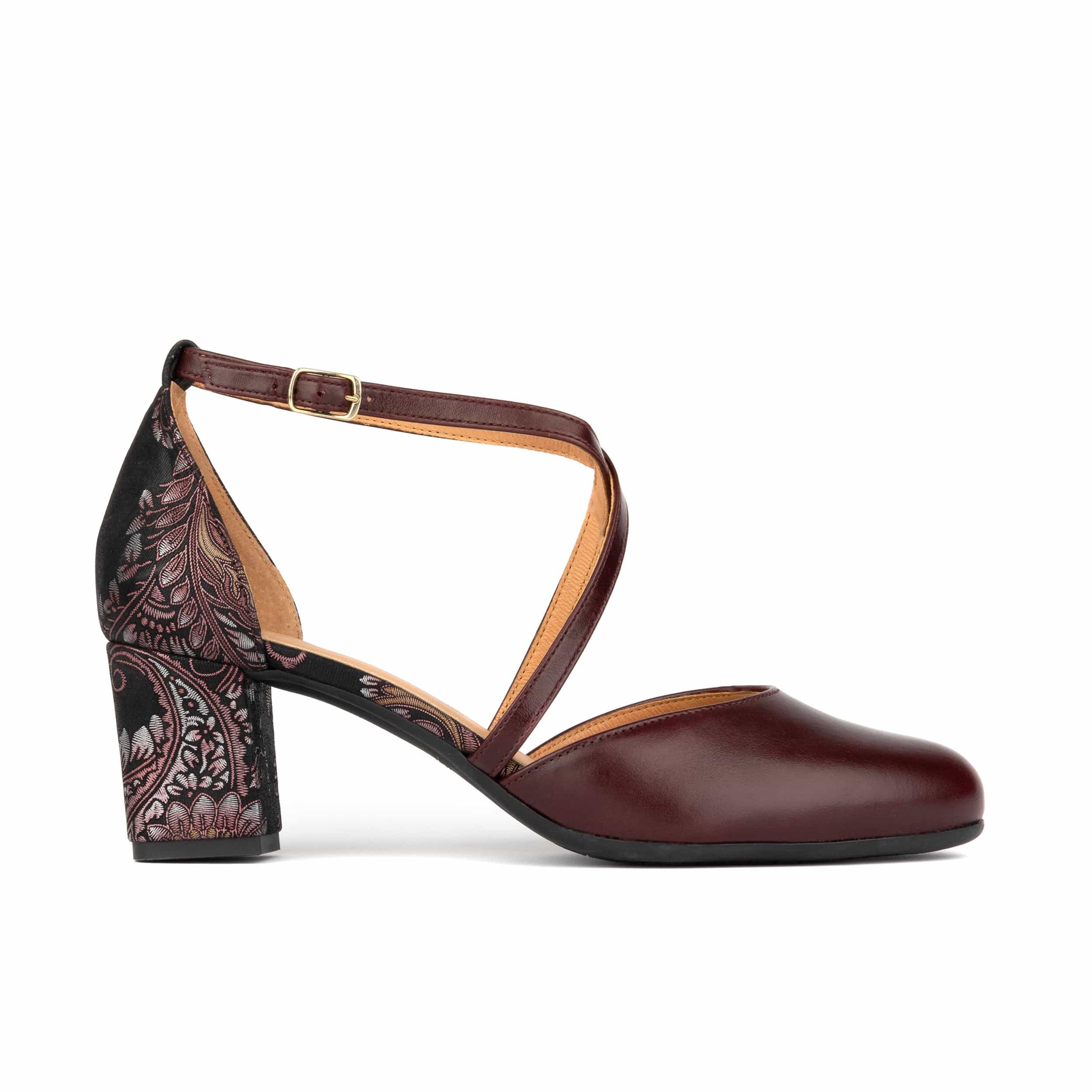 Dannii - Burgundy & Floral - Women's leather closed-toe block heel