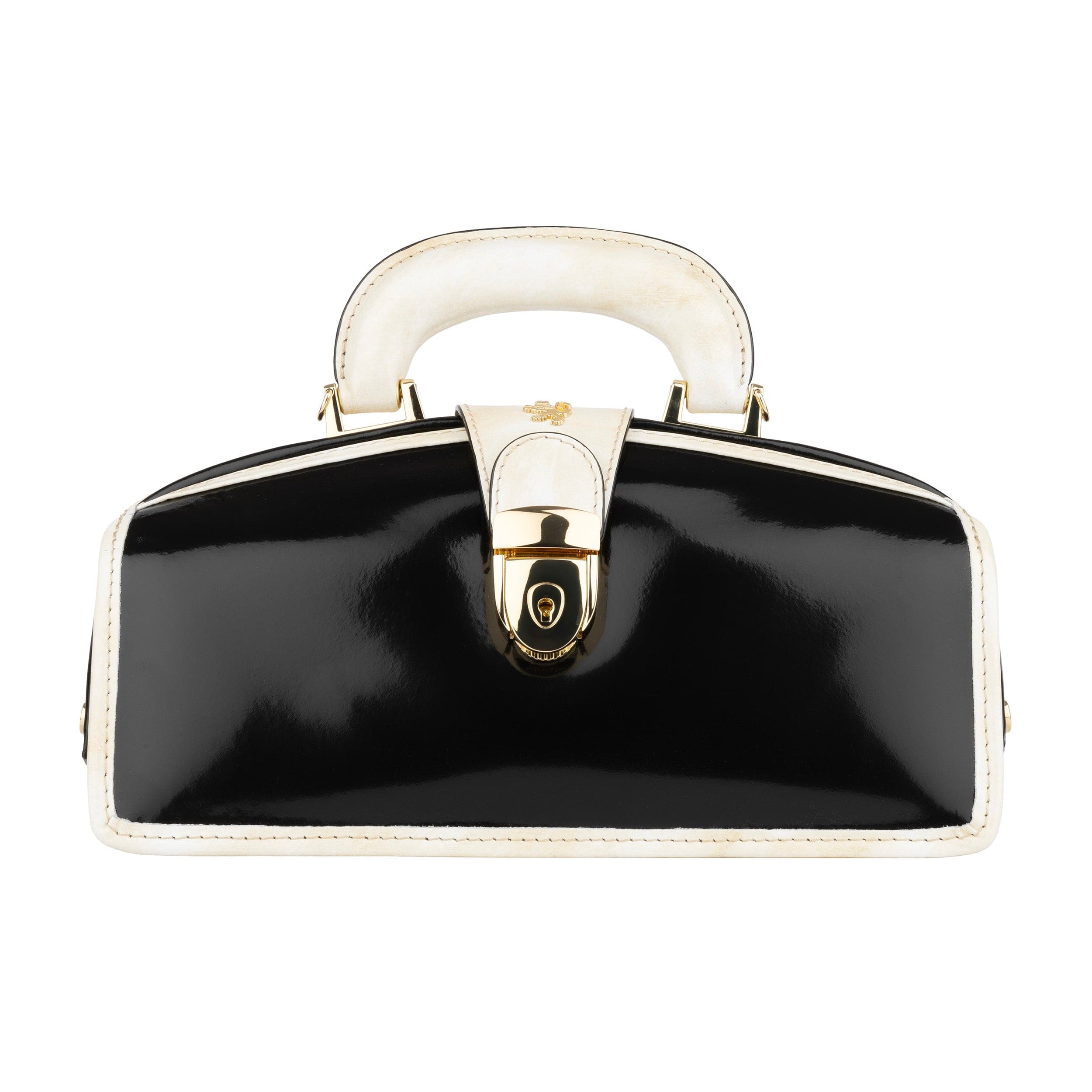 Gazelle - Black & Cream - Women's patent clutch bowling bag with handle and strap
