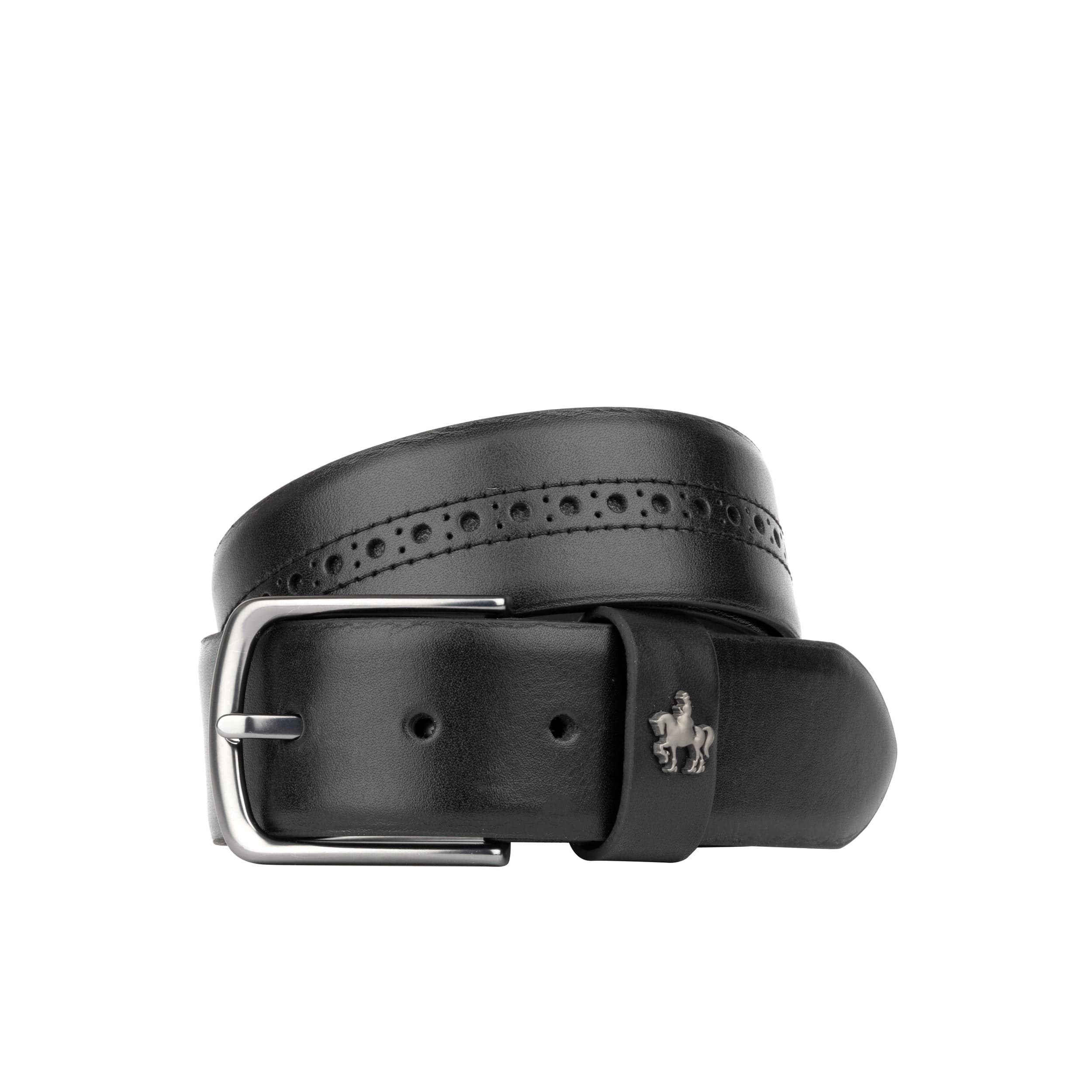 Scott - Black Shine - Men's smooth full-grain black leather belt with broguing