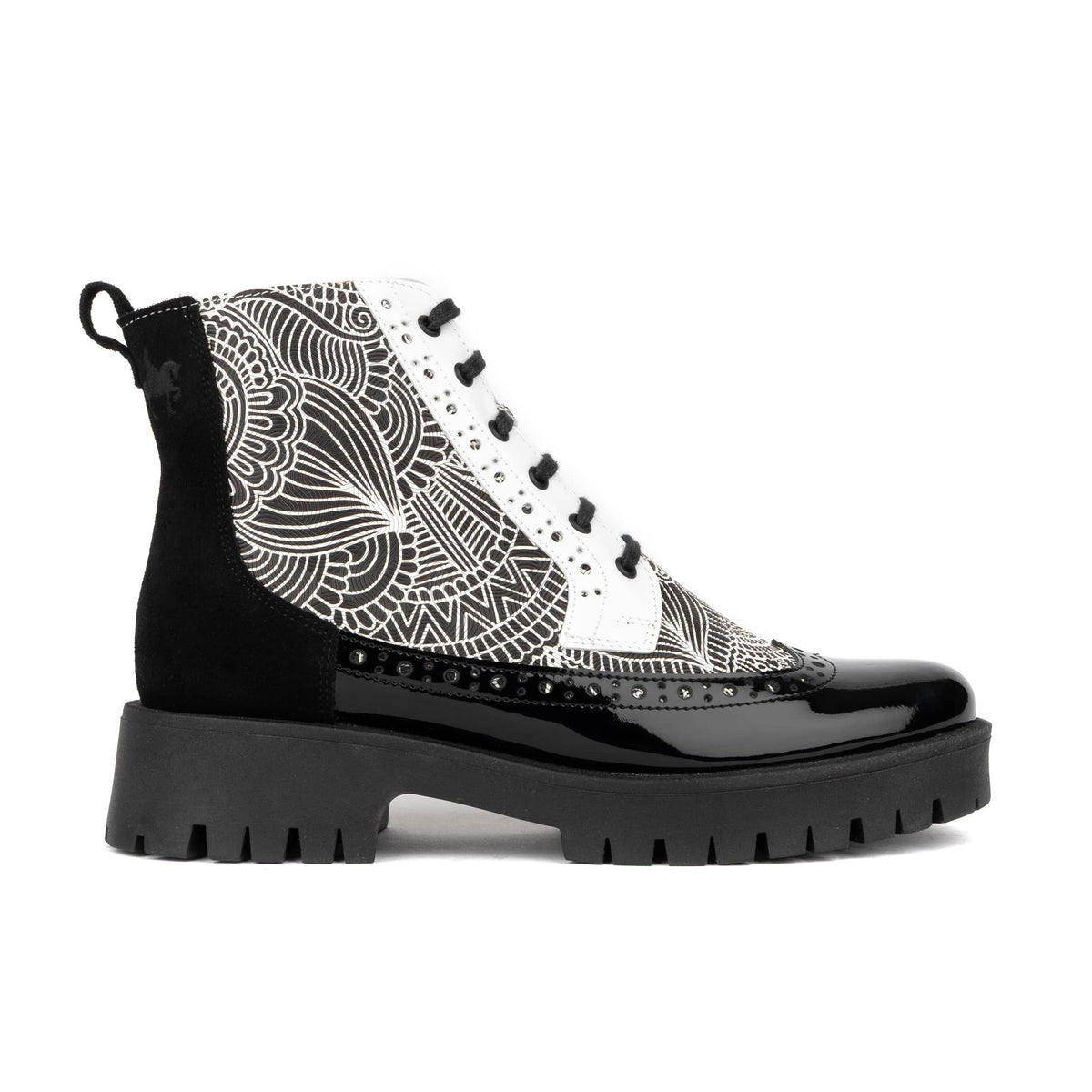 Hatter Platform - Black & White & Graphic Print - Women's Leather ankle Lace-up Boot with chunky cleated sole