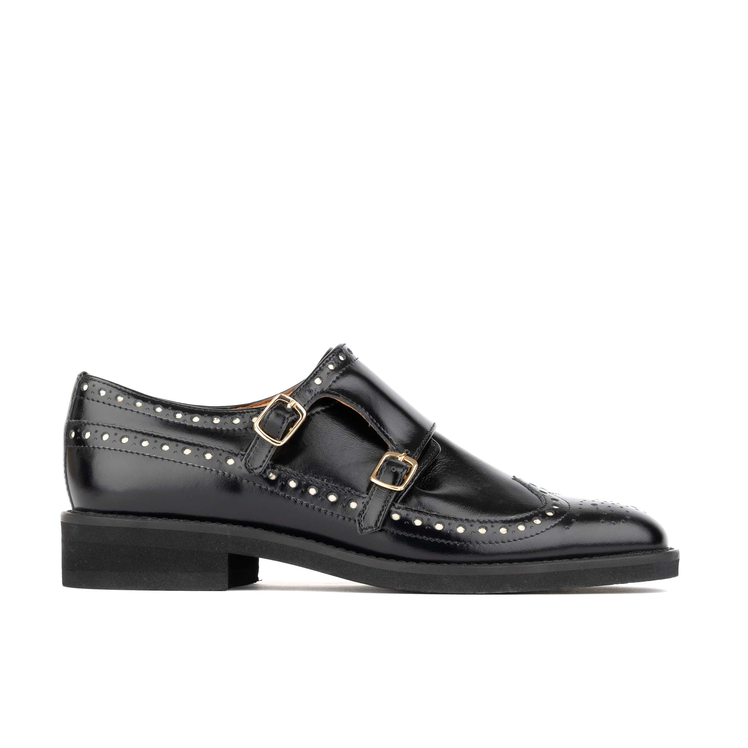 Windsor - Black - Women's leather square toe monk shoe with brogue detailing