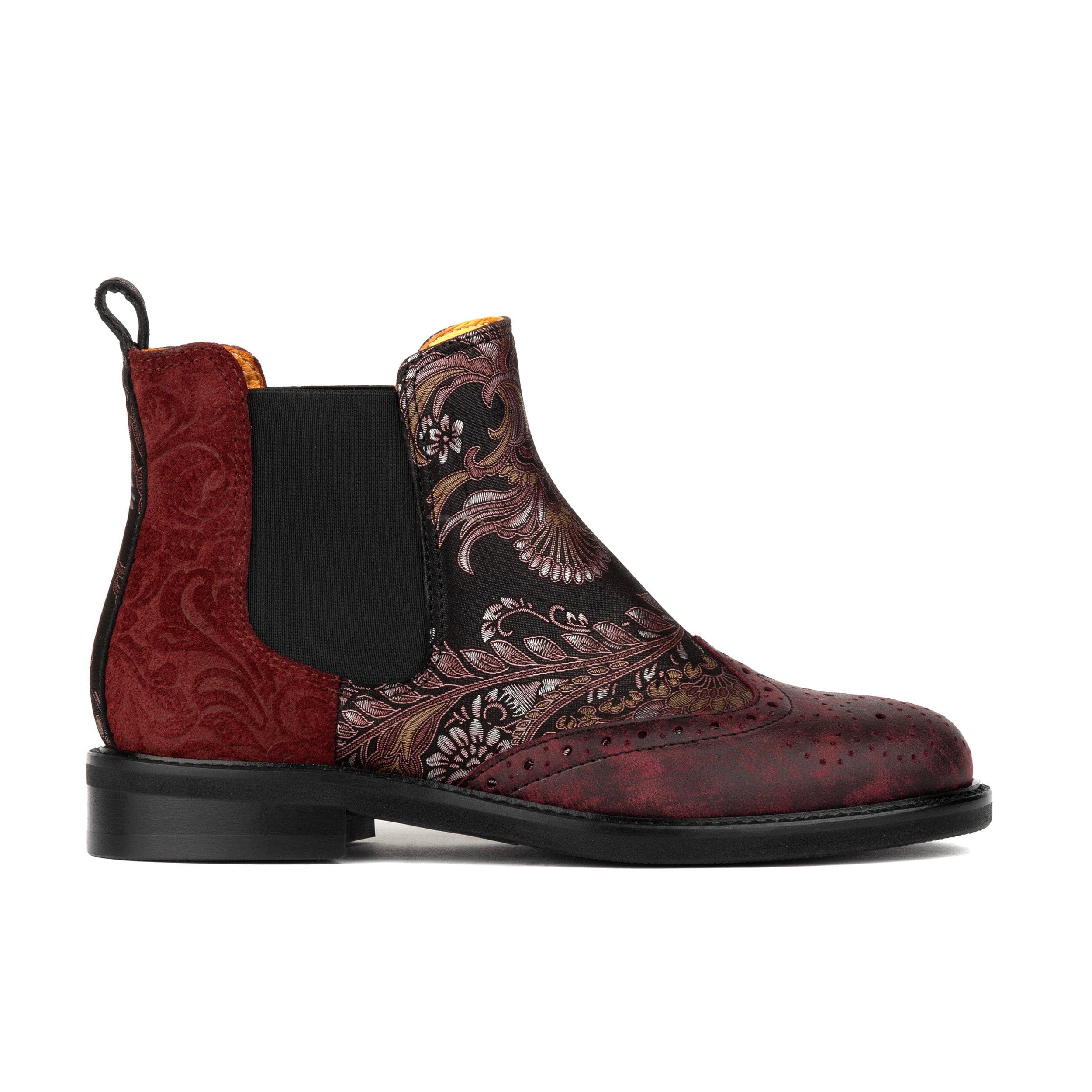 Mamacita - Floral & Burgundy - Women's chelsea boot with wingtip brogue detail