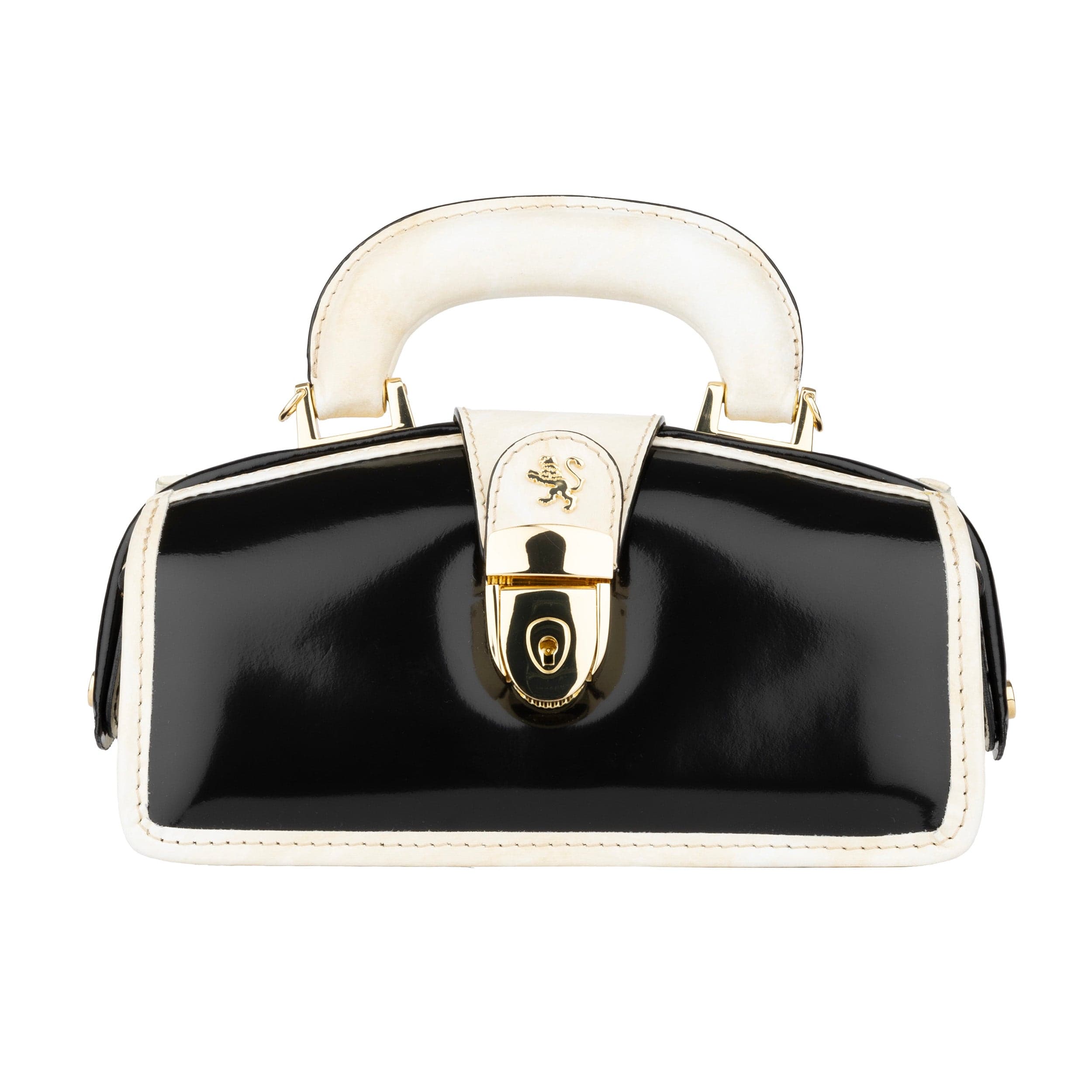 Gazelle Mini - Black & Cream -Women's mini patent clutch bowling bag with handle and strap