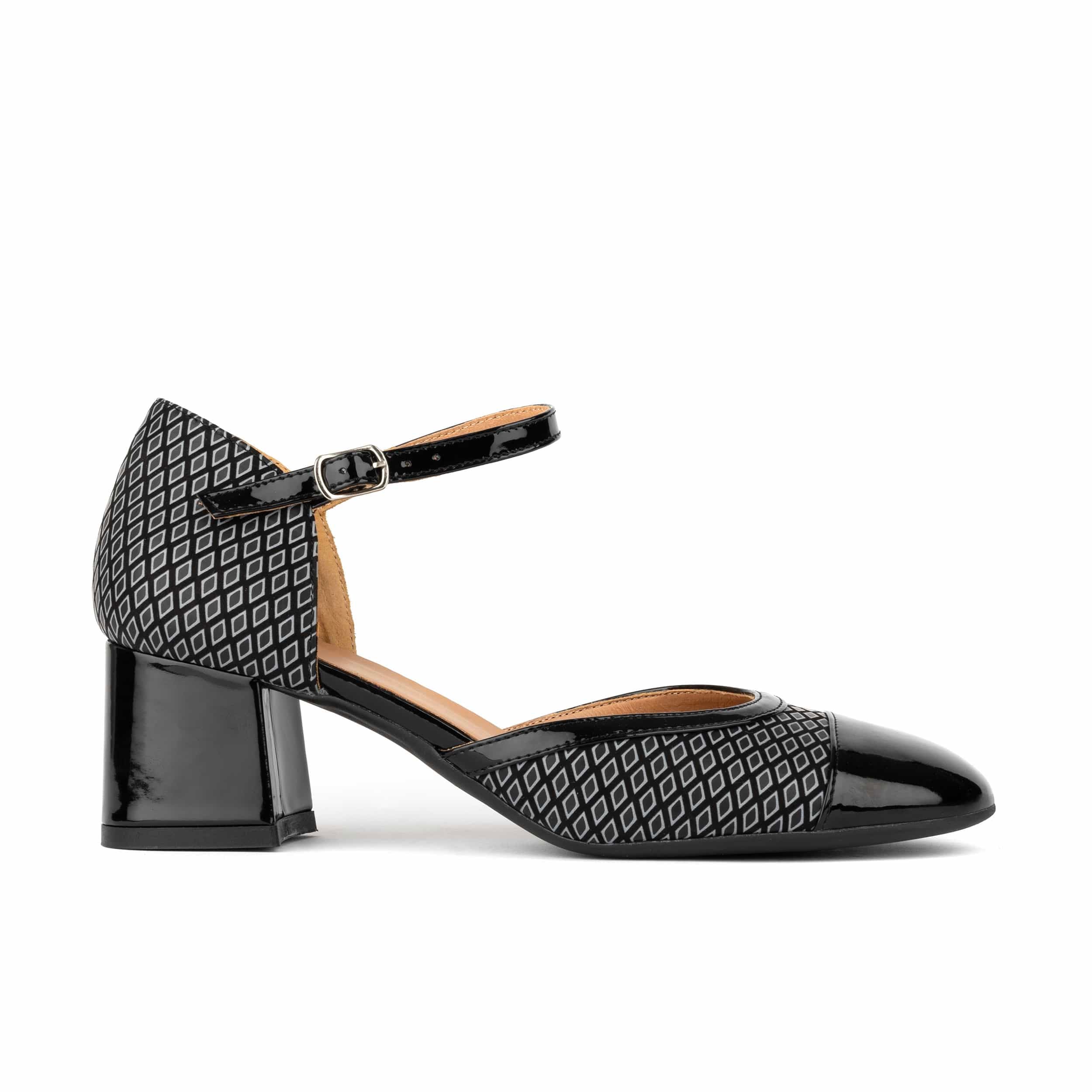 Kemi - Black & Grey Diamonds - Women's Leather Almond-Toe Block Heel