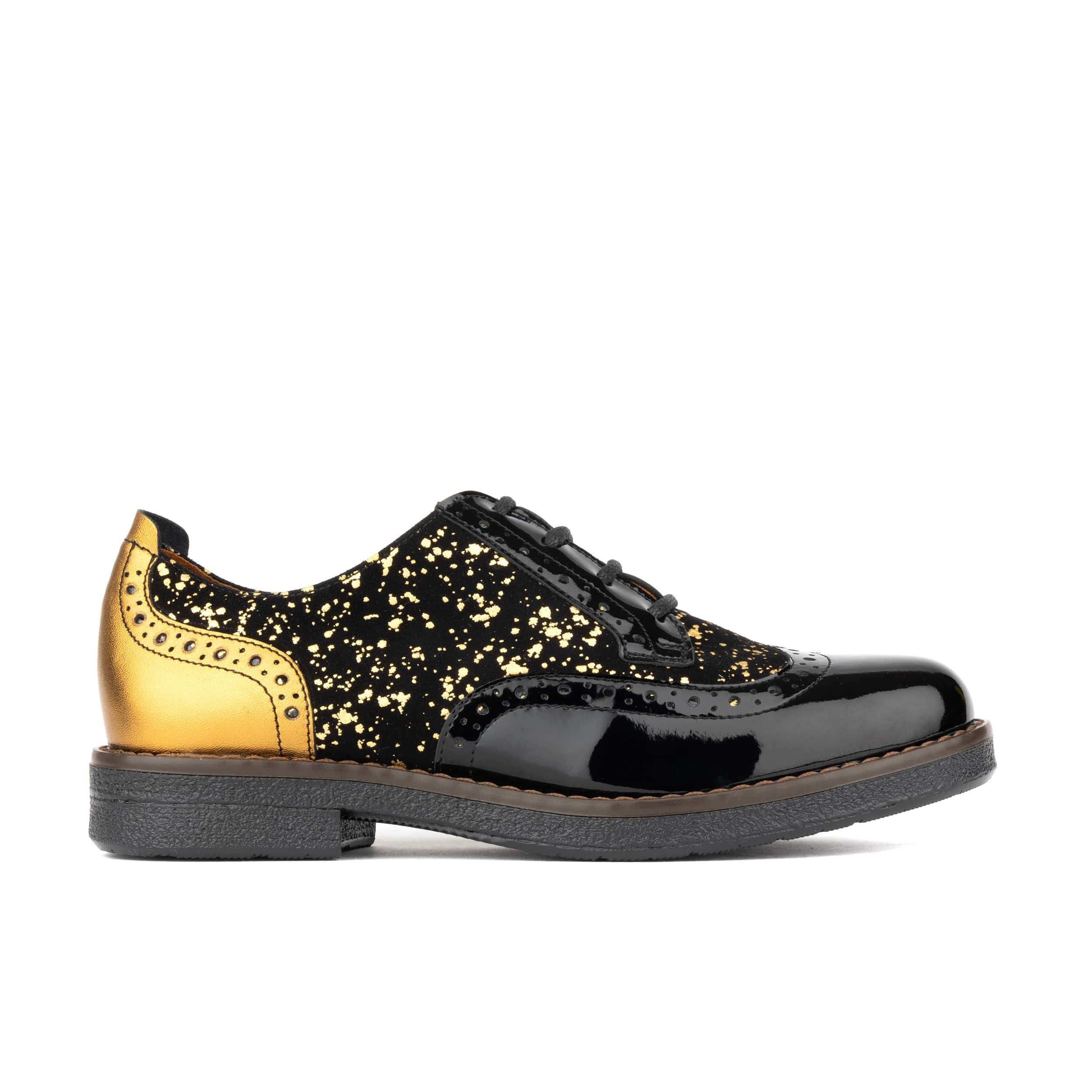 The Artist - Black & Gold - Women's leather lace-up shoe with brogue detailing