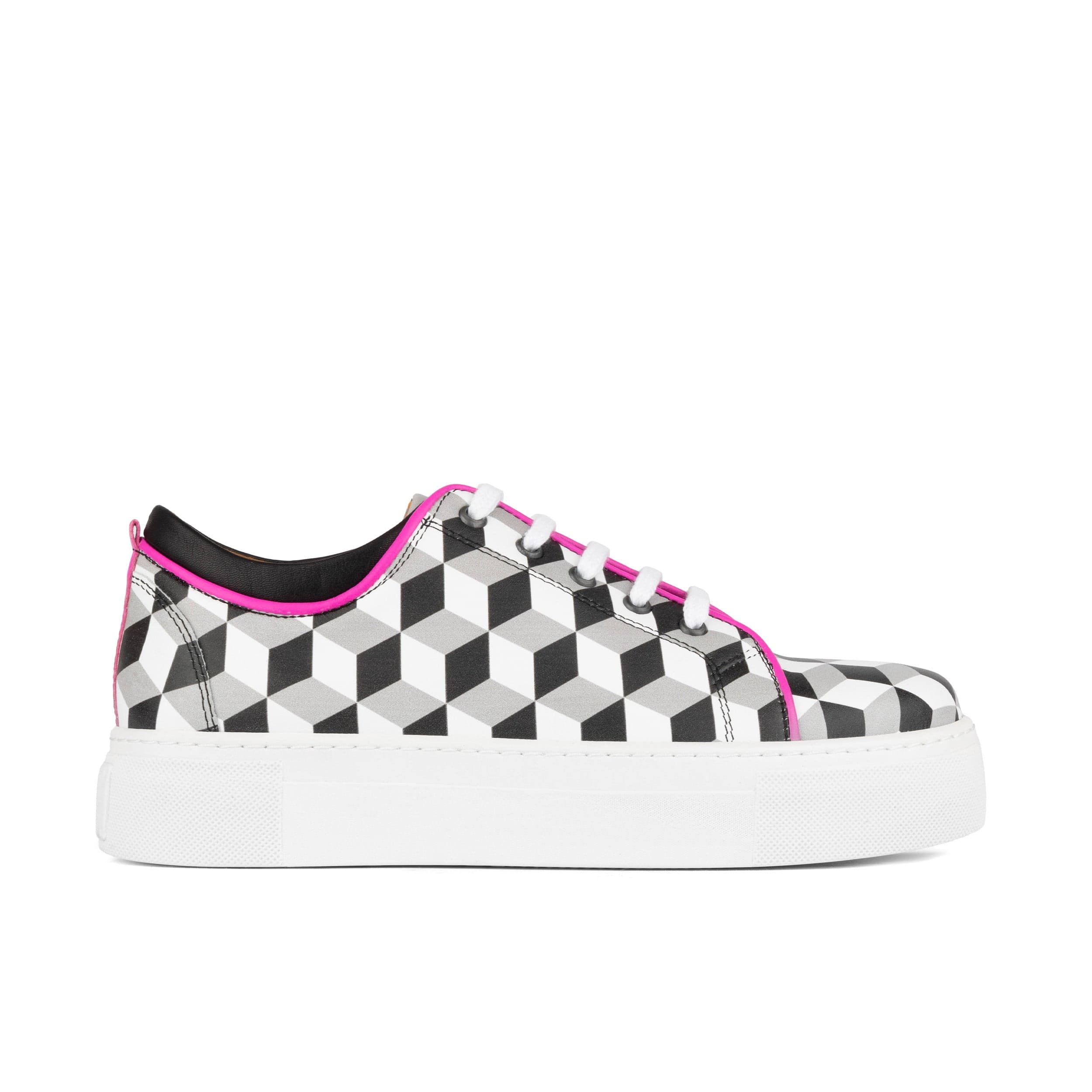 Camila - White Cubics - Women's platform sole leather lace-up trainer
