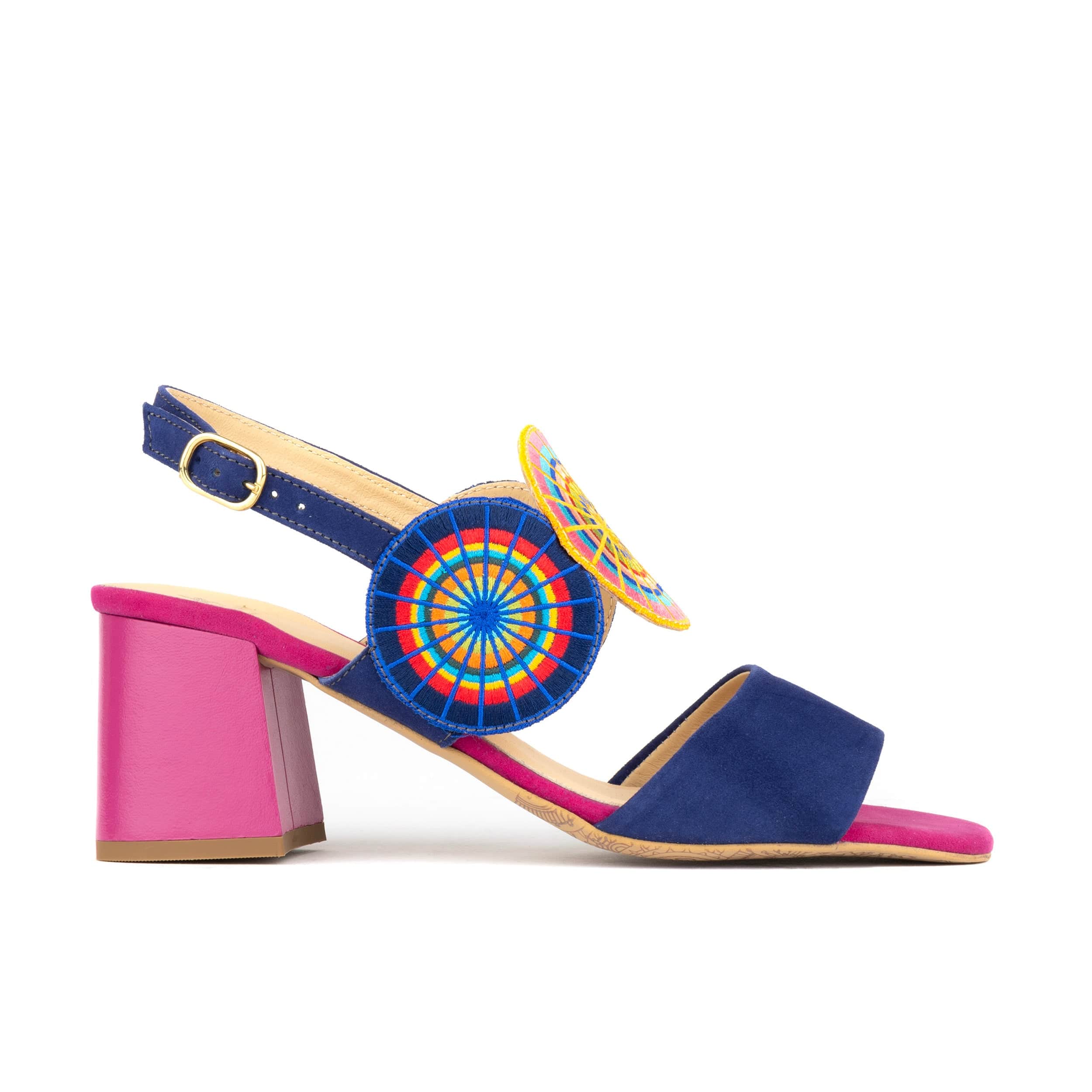 Vibe - Navy & Purple - Women's open-toe and ankle strap block heel leather sandal