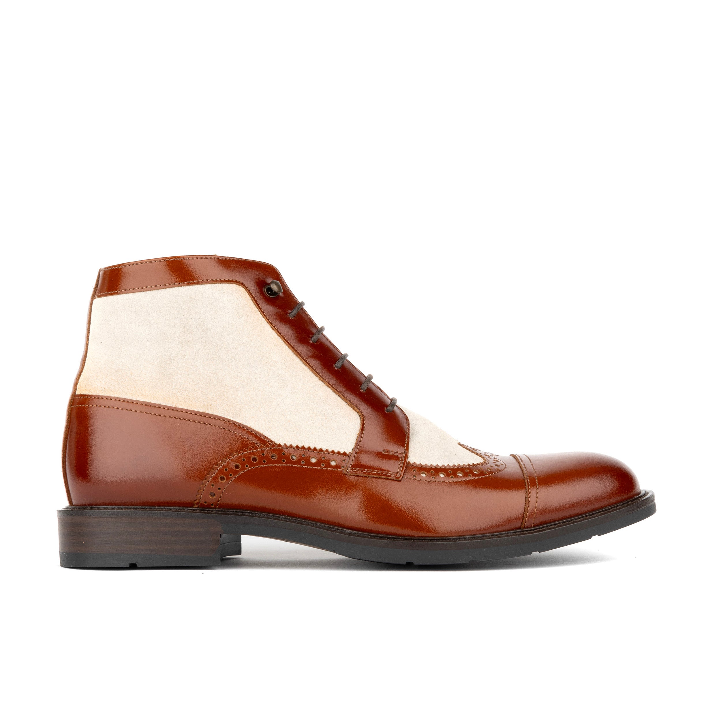 Charles - Light Tan & Cream - Men's Toe-Cap Dressy Leather & Suede Boot with Brogue Details