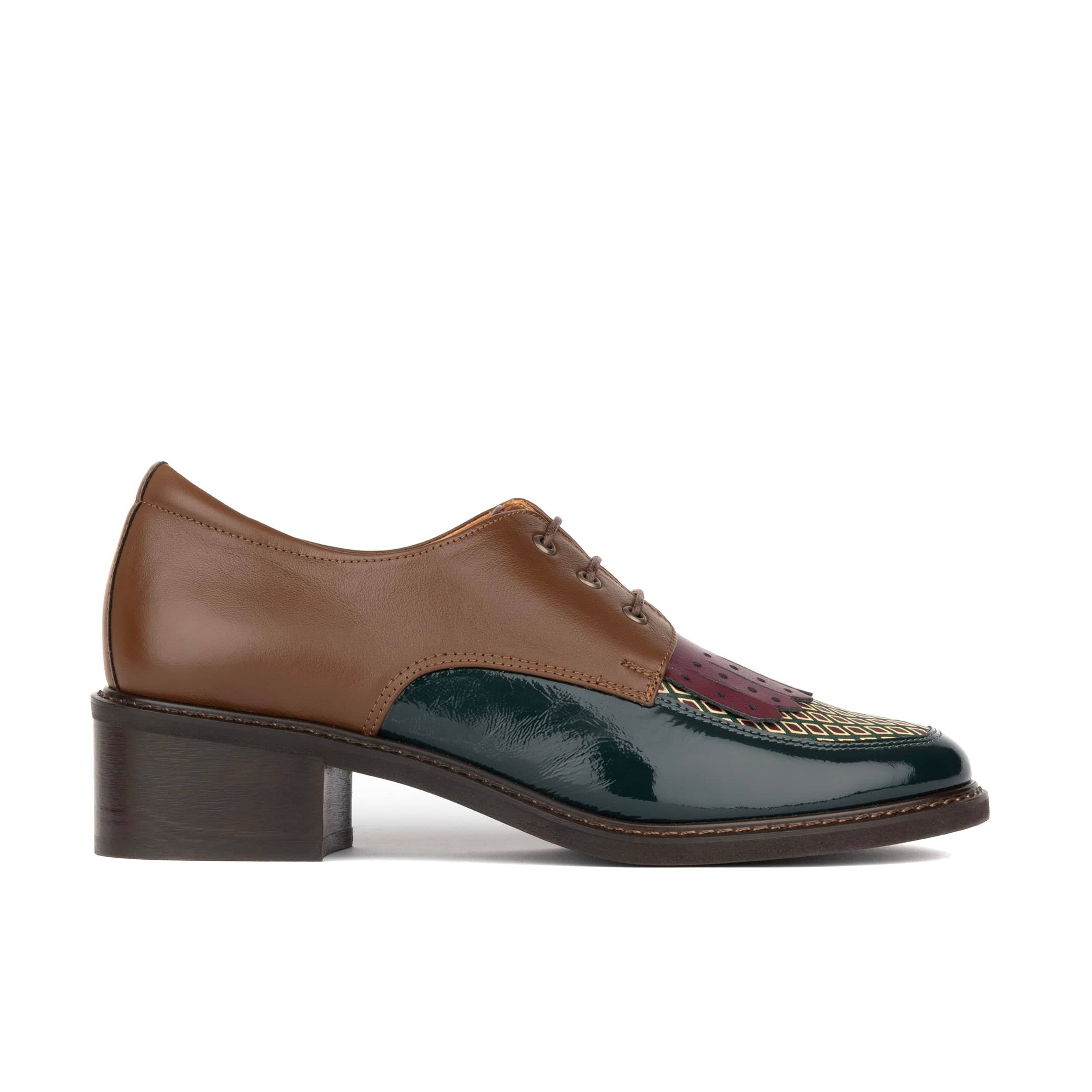 Retro Tone - Green & Brown & Purple - Women's Colour-block leather lace-up with signature kiltie detail