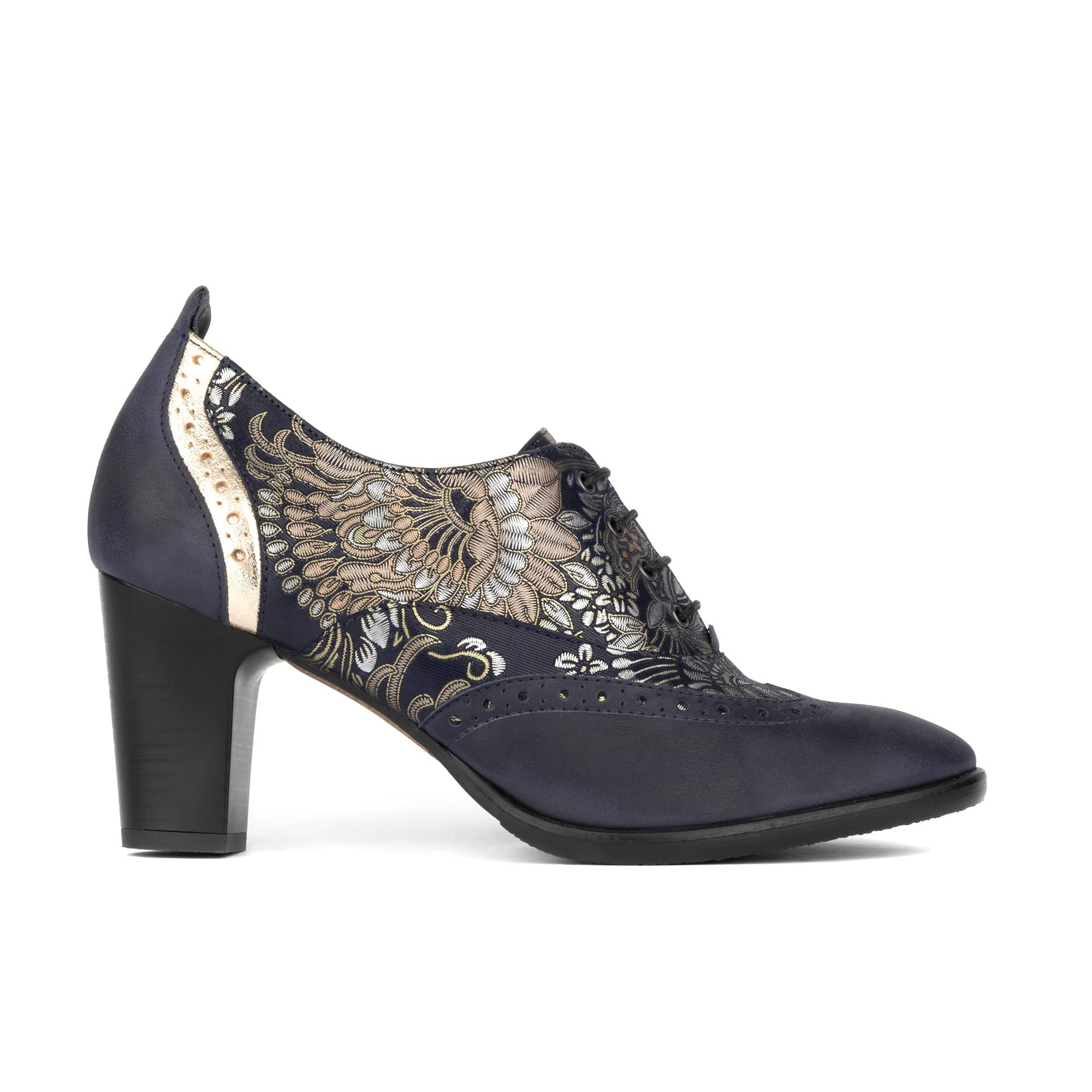 Casino - Blue & Silver Paisley - Women's leather pump in 3 inch heel with brogue details