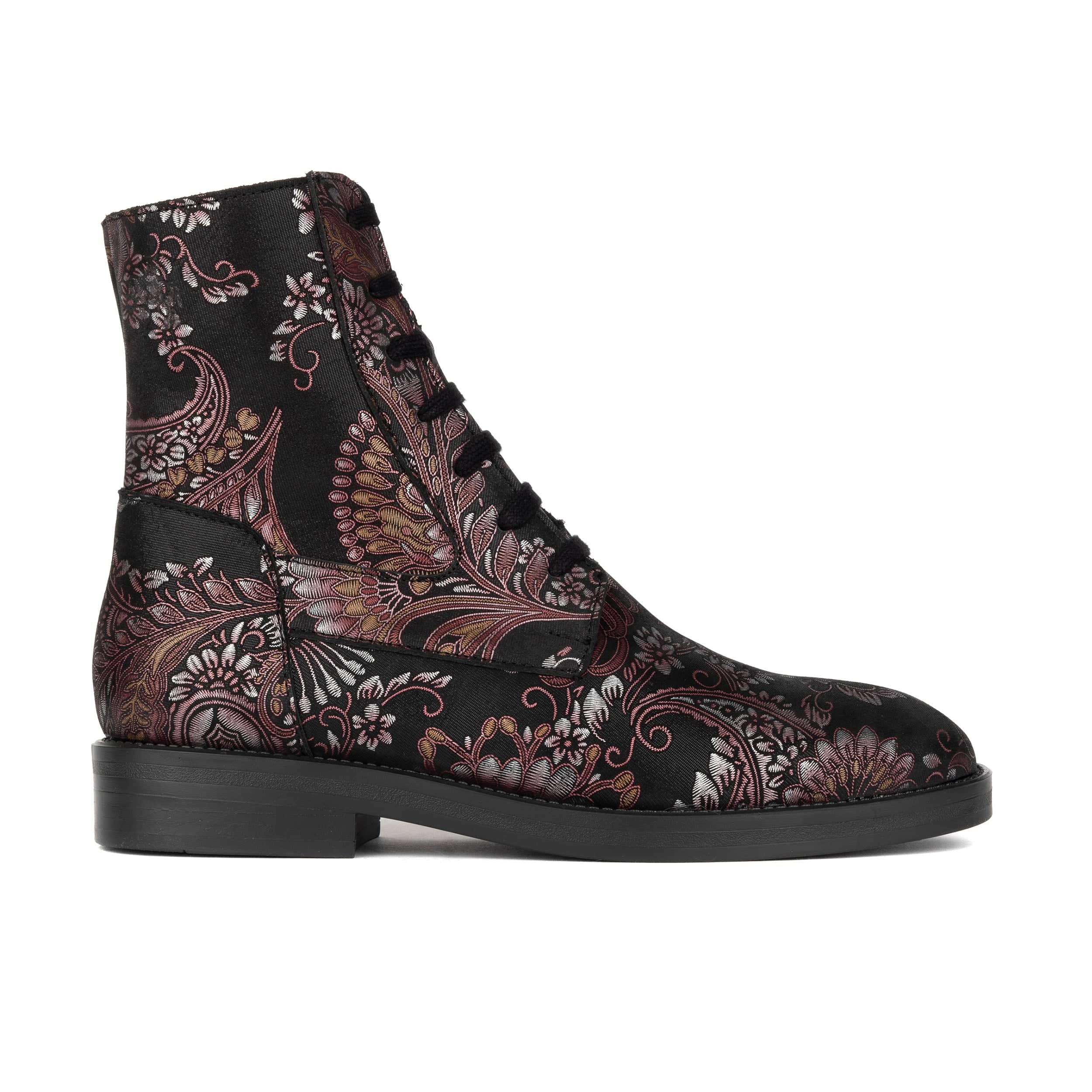 Didi Wool - Black & Burgundy - Women's leather lace-up and zip-up round toe combat boot
