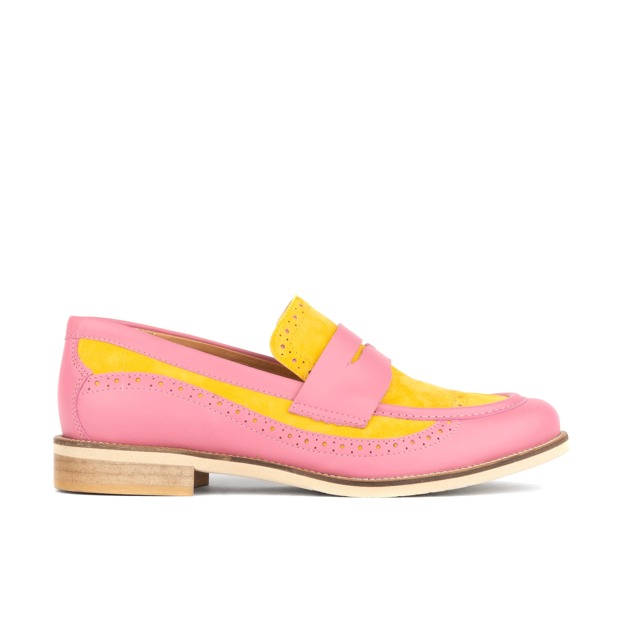Angelina - Pink & Yellow - Women's Leather Almond Toe Penny Loafer with Broguing
