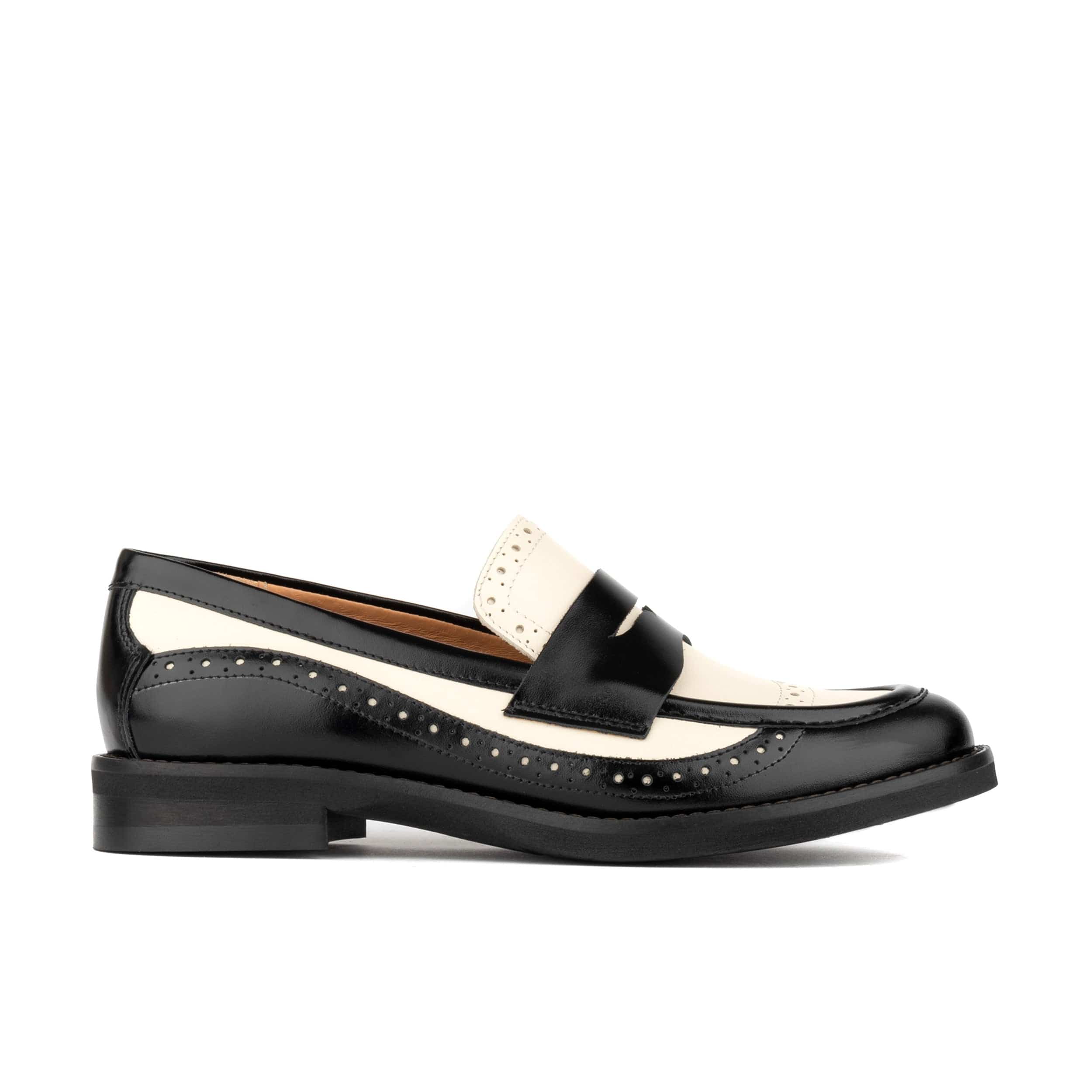 Angelina - Black & Cream - Women's leather almond toe penny loafer with broguing
