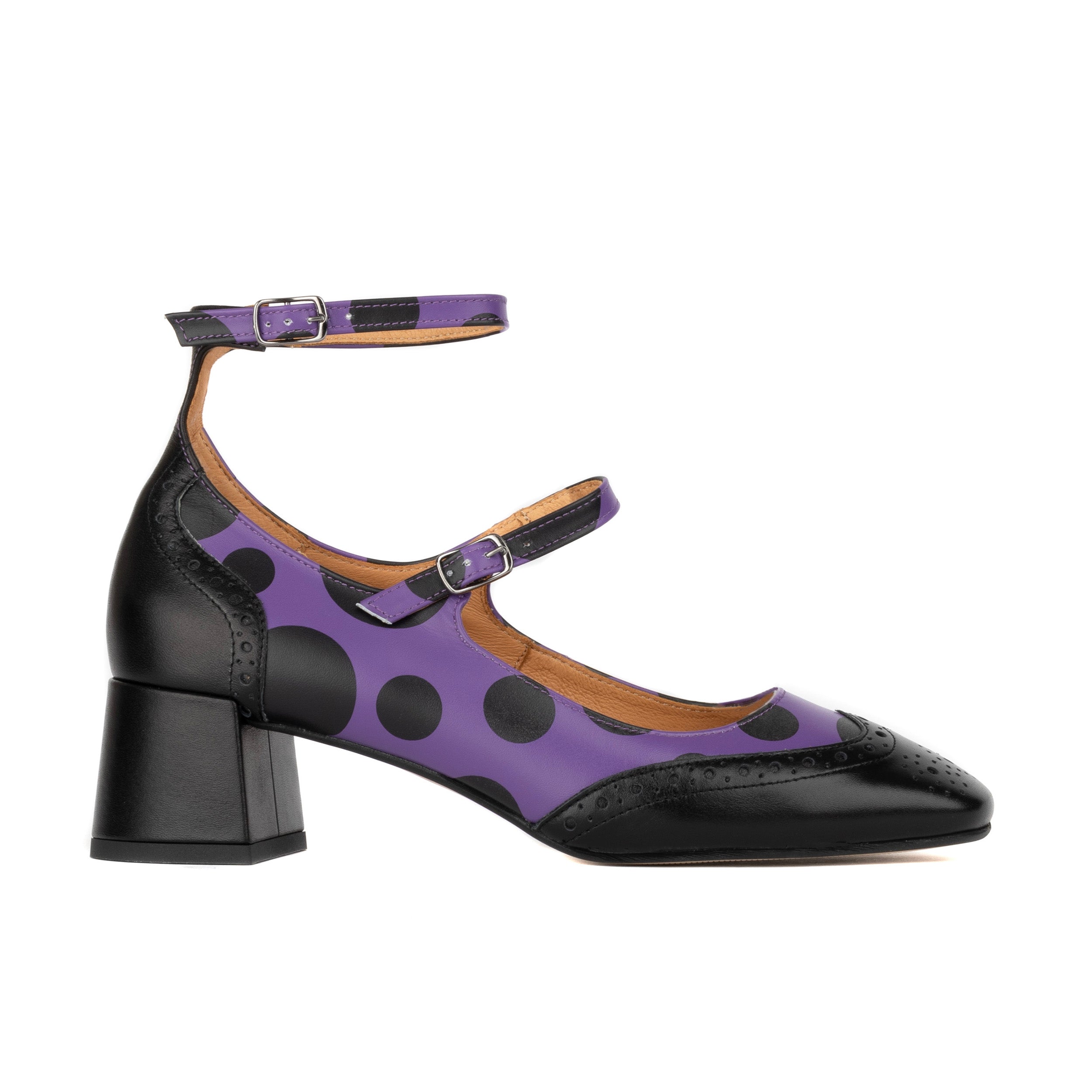 Mary Jane Polka Womens Women s block heel square toe heel in purple black polka