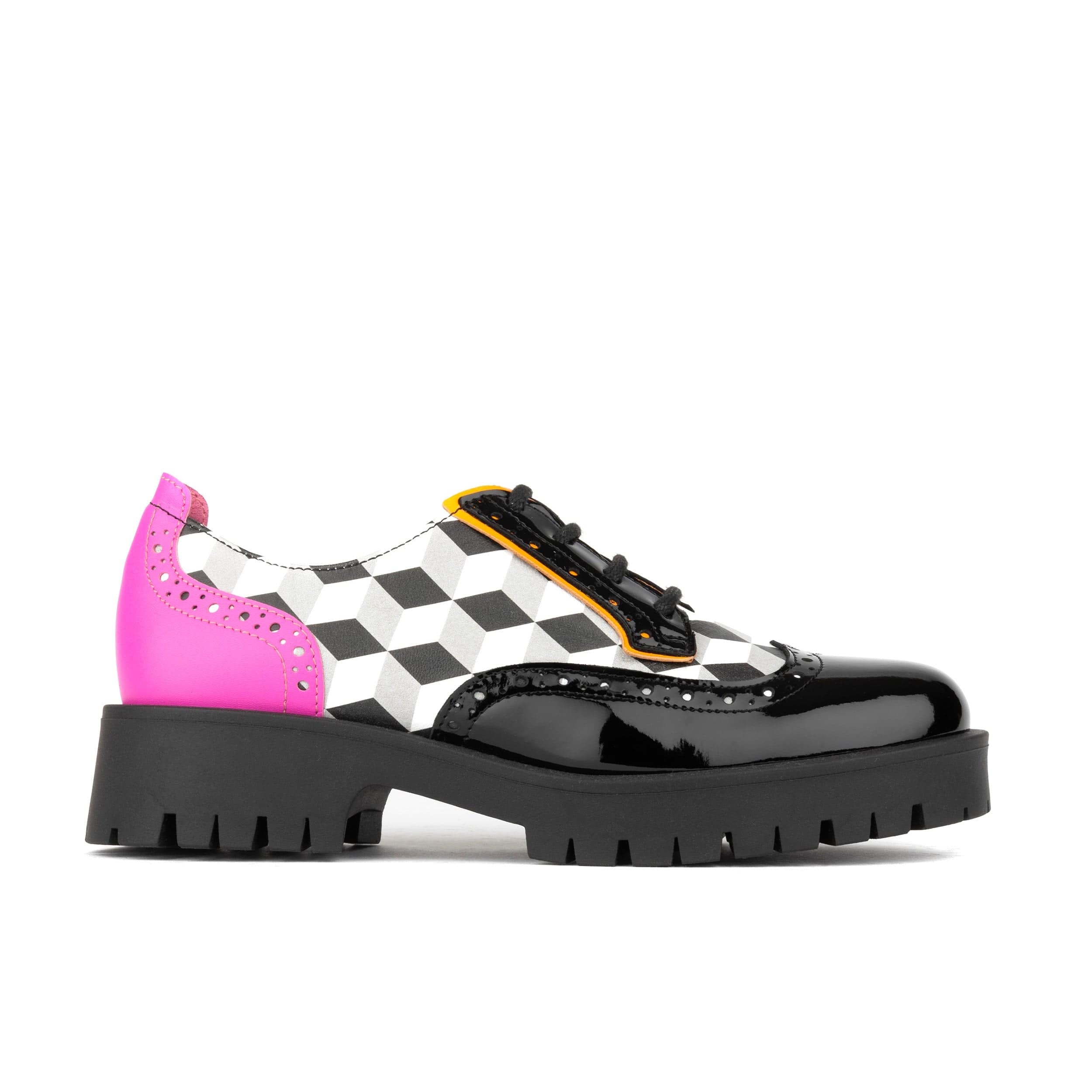 Artisan - Black & White Cubics - Women's leather lace-up shoe with brogue detailing