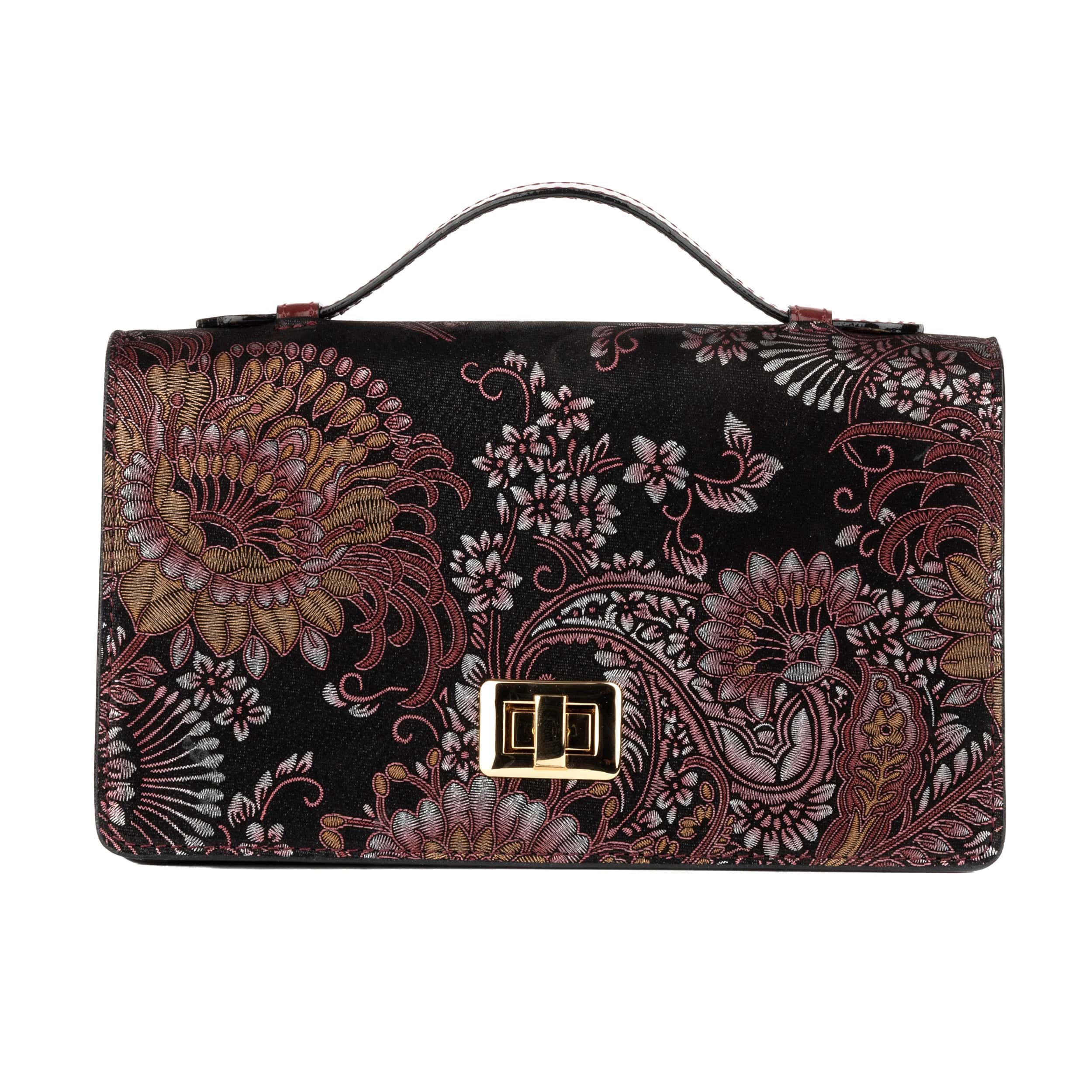 Envy - Floral & Burgundy - Women's leather flap clutch bag with strap
