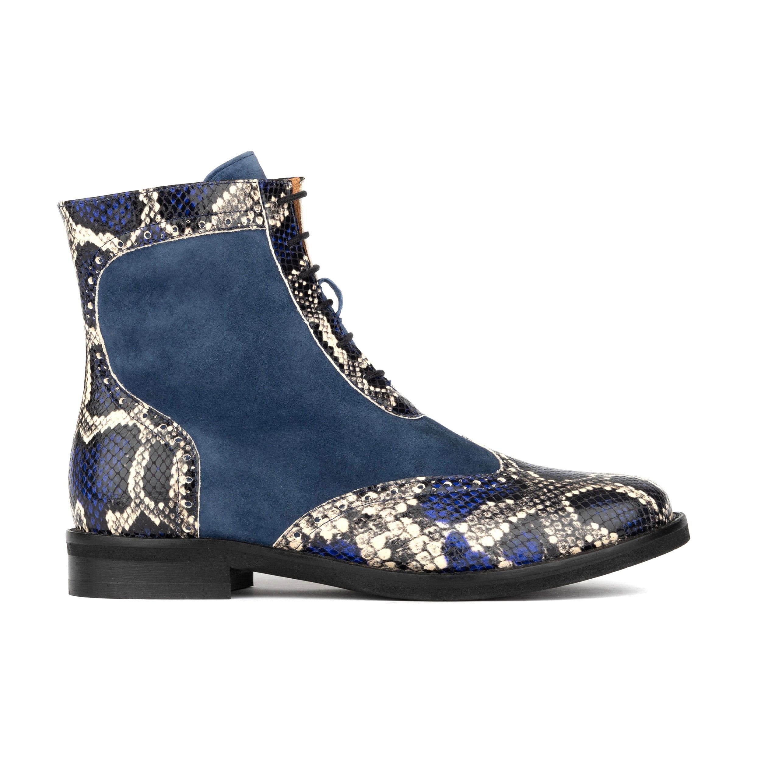 Mantis - Blue Snake - Women's above-the-ankle lace-up boot with brogue & snake print detailing