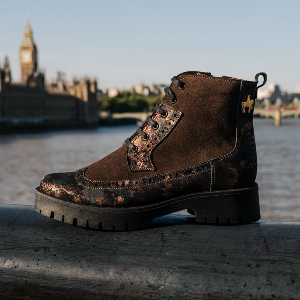 Hatter Platform - Brown Metal - Women's Leather and brushed nubuck suede Ankle Lace-up Boot with chunky cleated sole