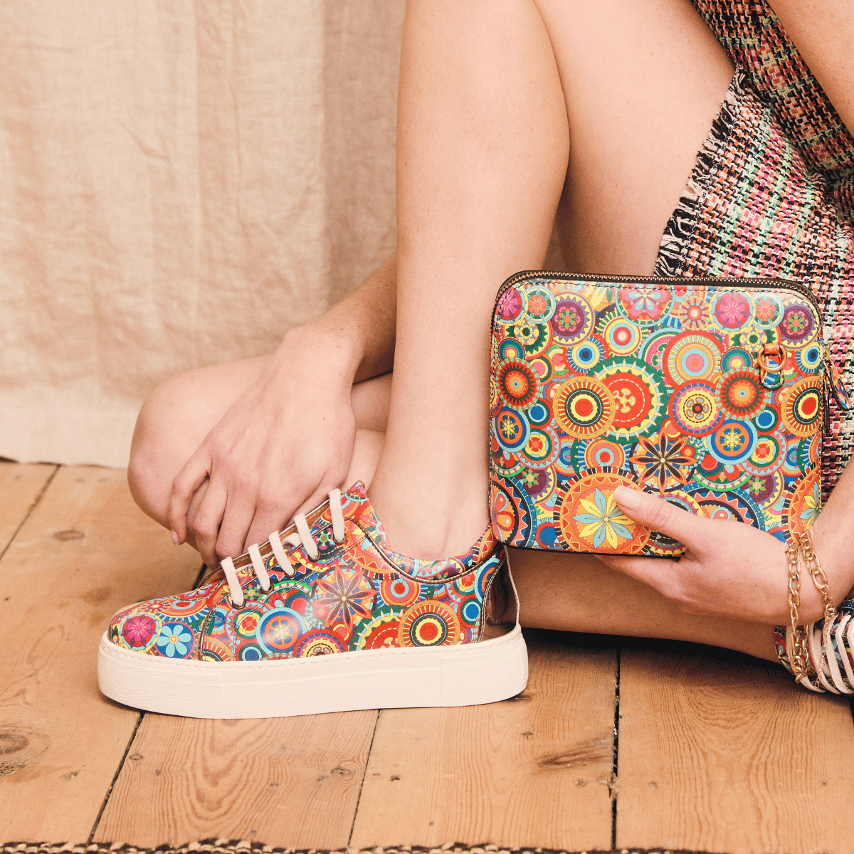 Camila - Signature Print - Women's chunky sole leather trainer in colourful print