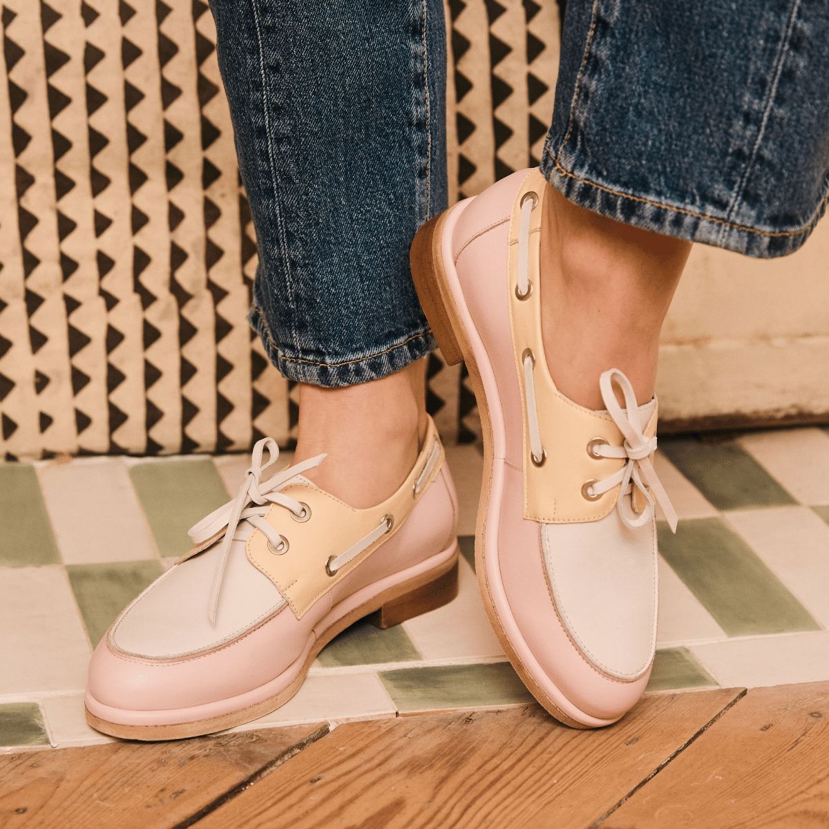 Boatie - Yellow & Cream & Pink - Women's Leather Boat Shoe