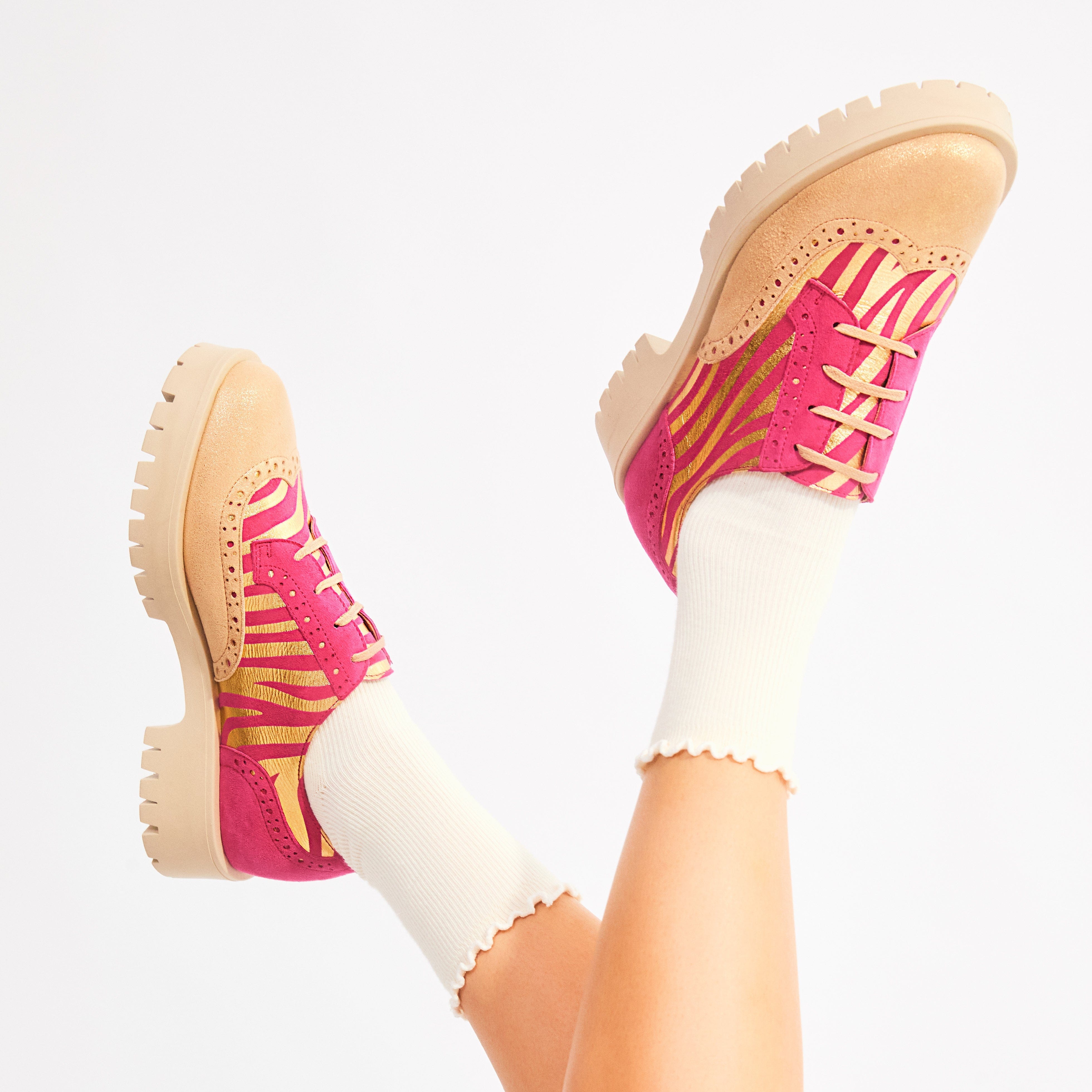 Artisan - Pink & Gold Stripes - Women's leather lace-up shoe with brogue detailing