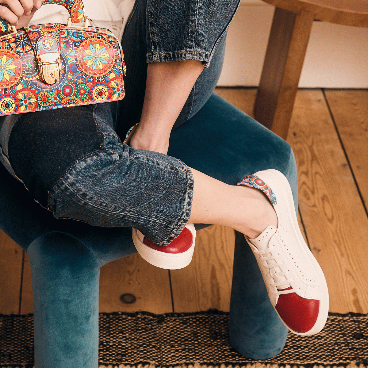 Serena - Red & Signature Print - Women’s Leather Trainer with Brogue Details