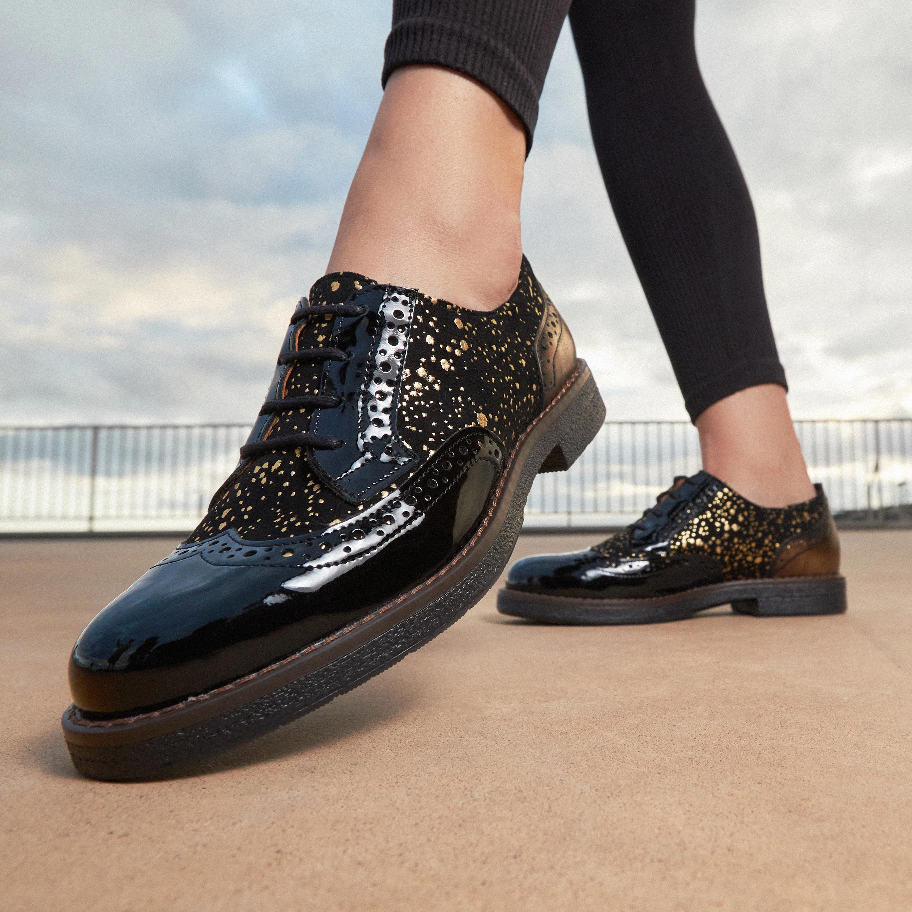 The Artist - Black & Gold - Women's leather lace-up shoe with brogue detailing
