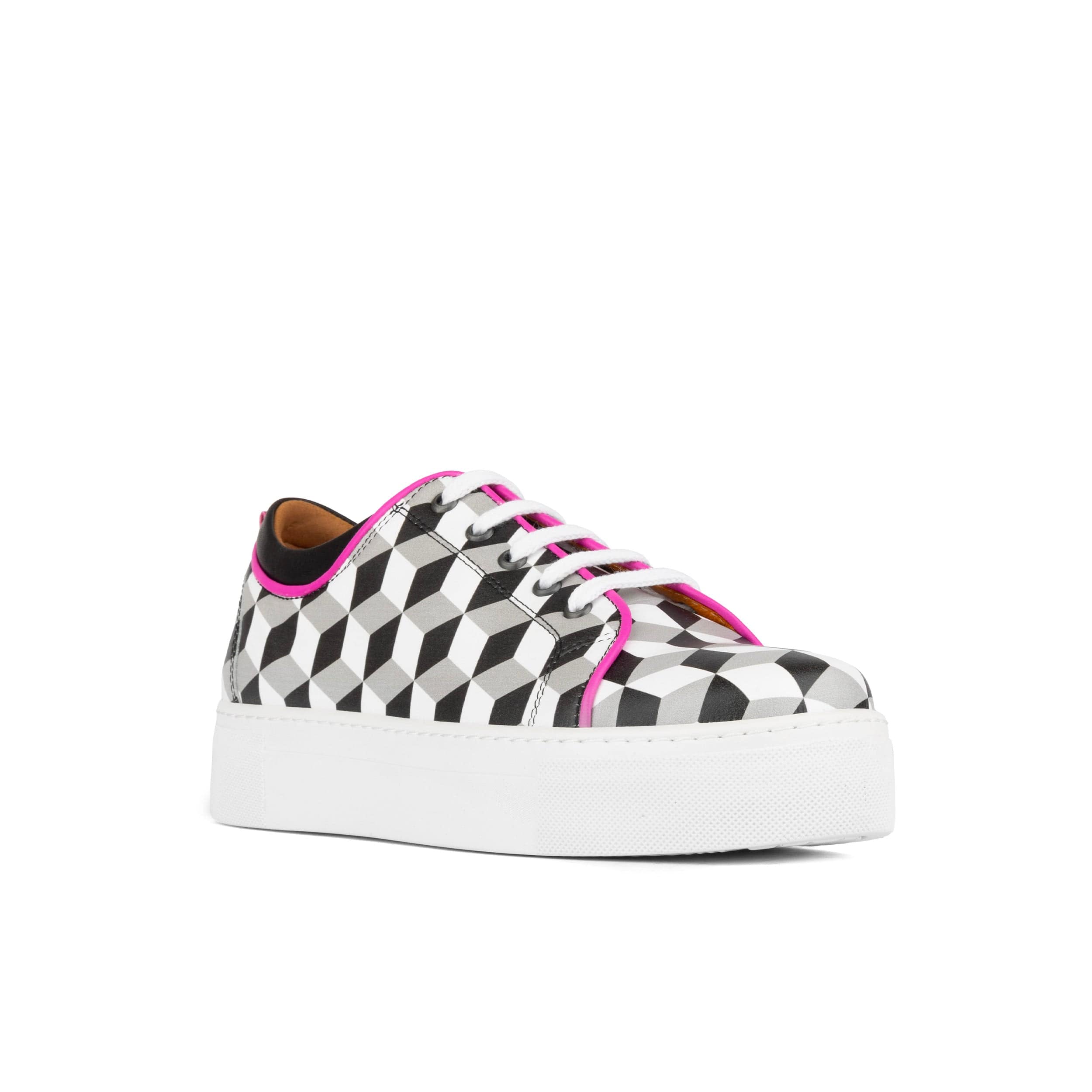 Camila - White Cubics - Women's platform sole leather lace-up trainer