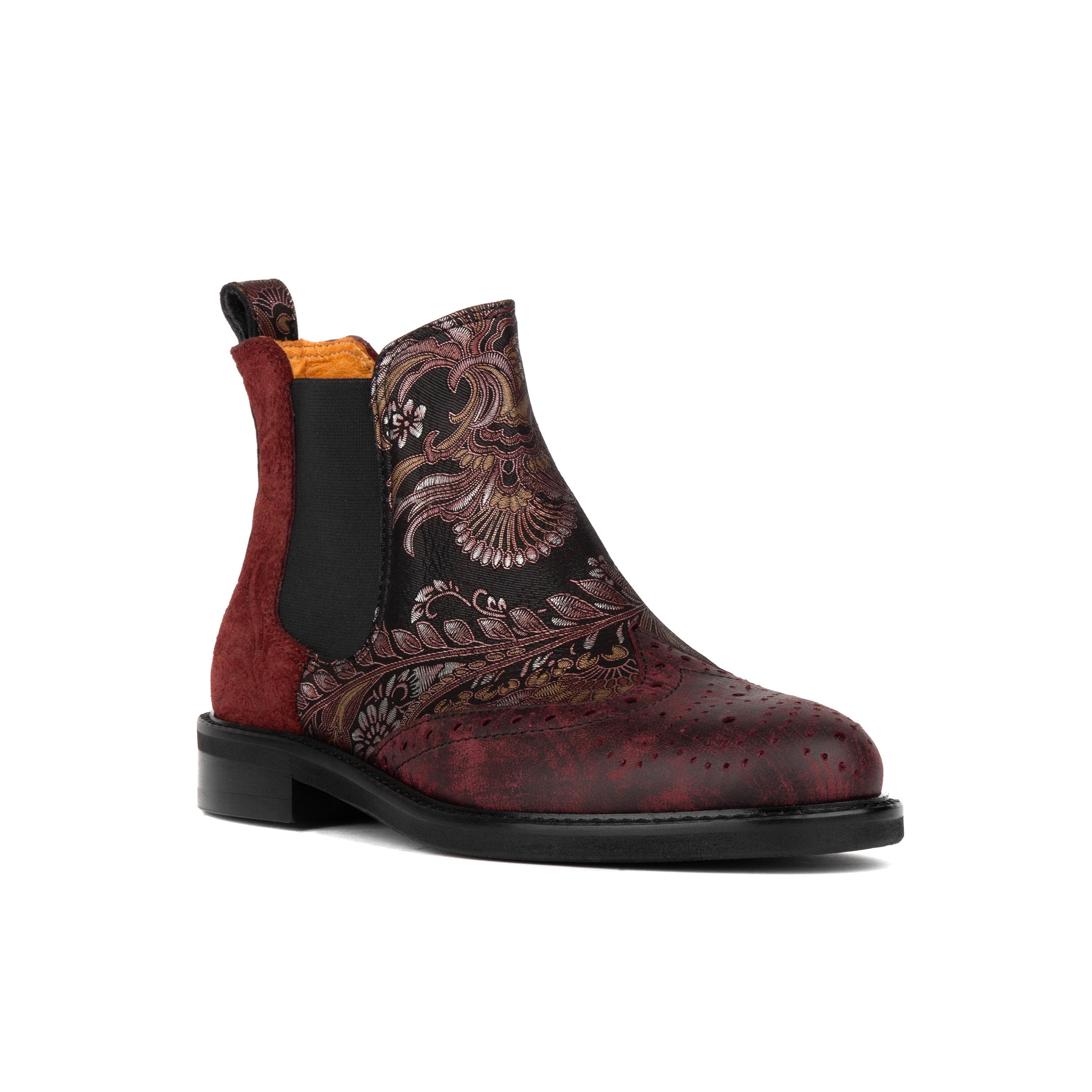 Mamacita - Floral & Burgundy - Women's chelsea boot with wingtip brogue detail