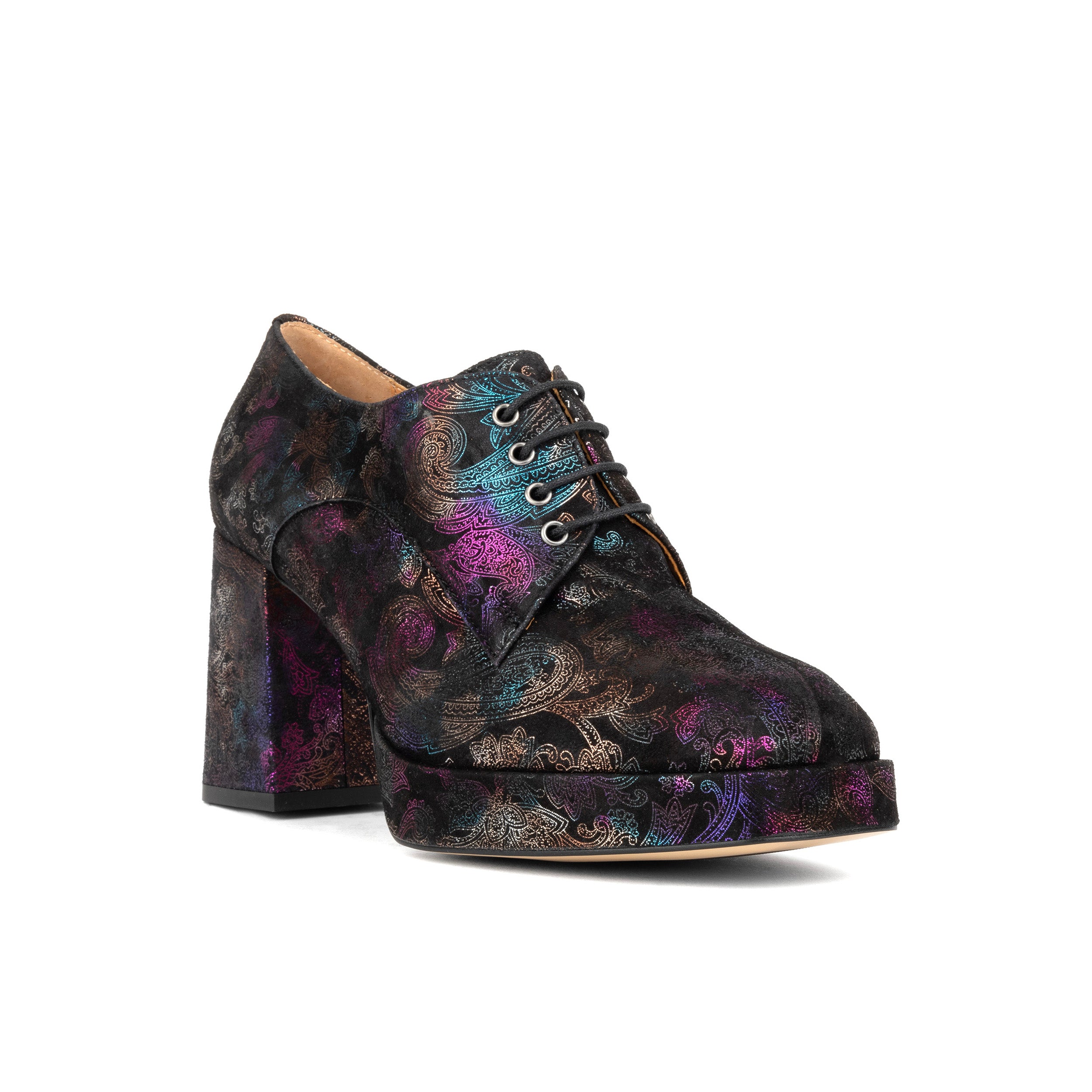 Roulette Platform - Black Foil - Women's leather oxford pump with platform and block heel