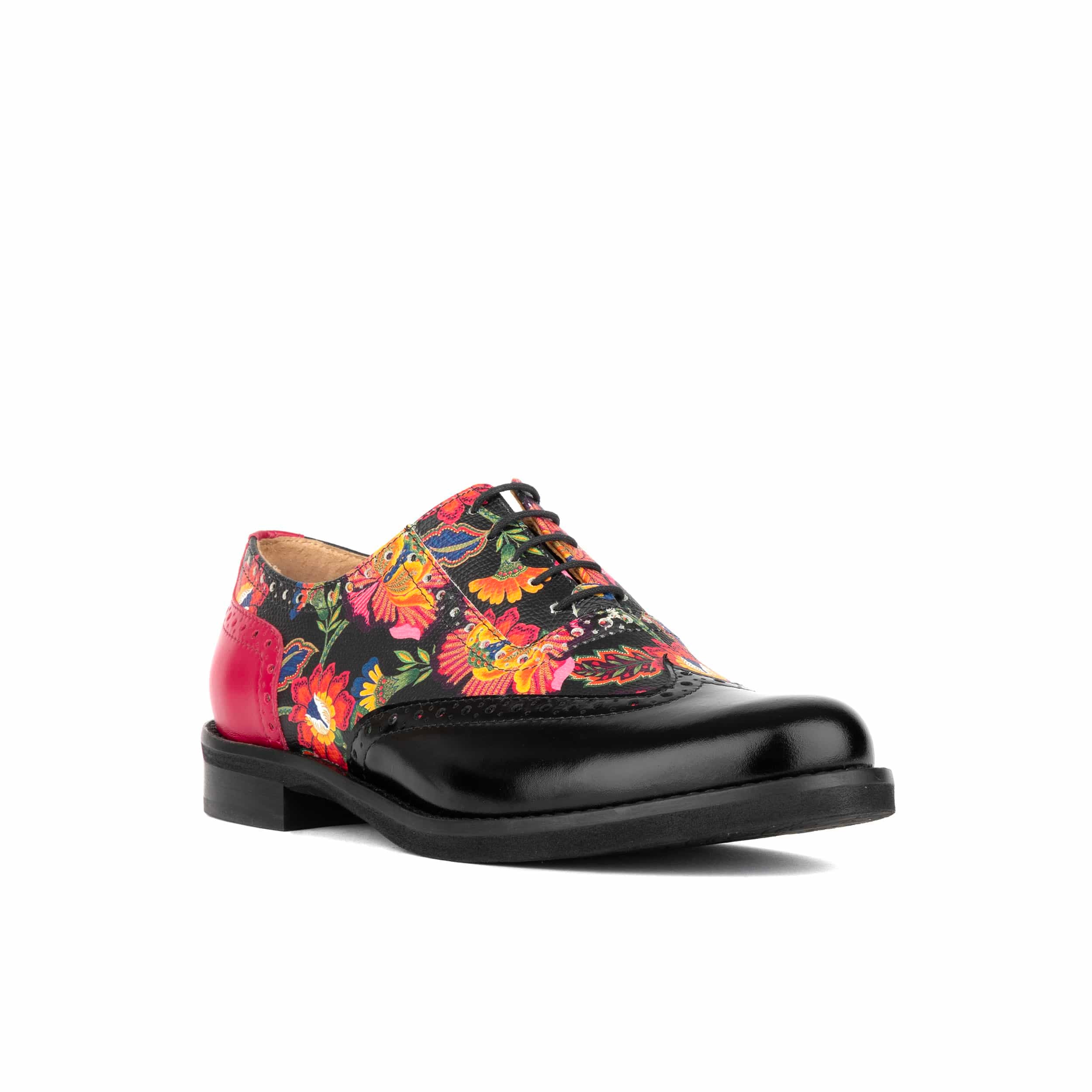 Vivienne - Black & Red Flowers - Women's oxford lace-up shoe with brogue details
