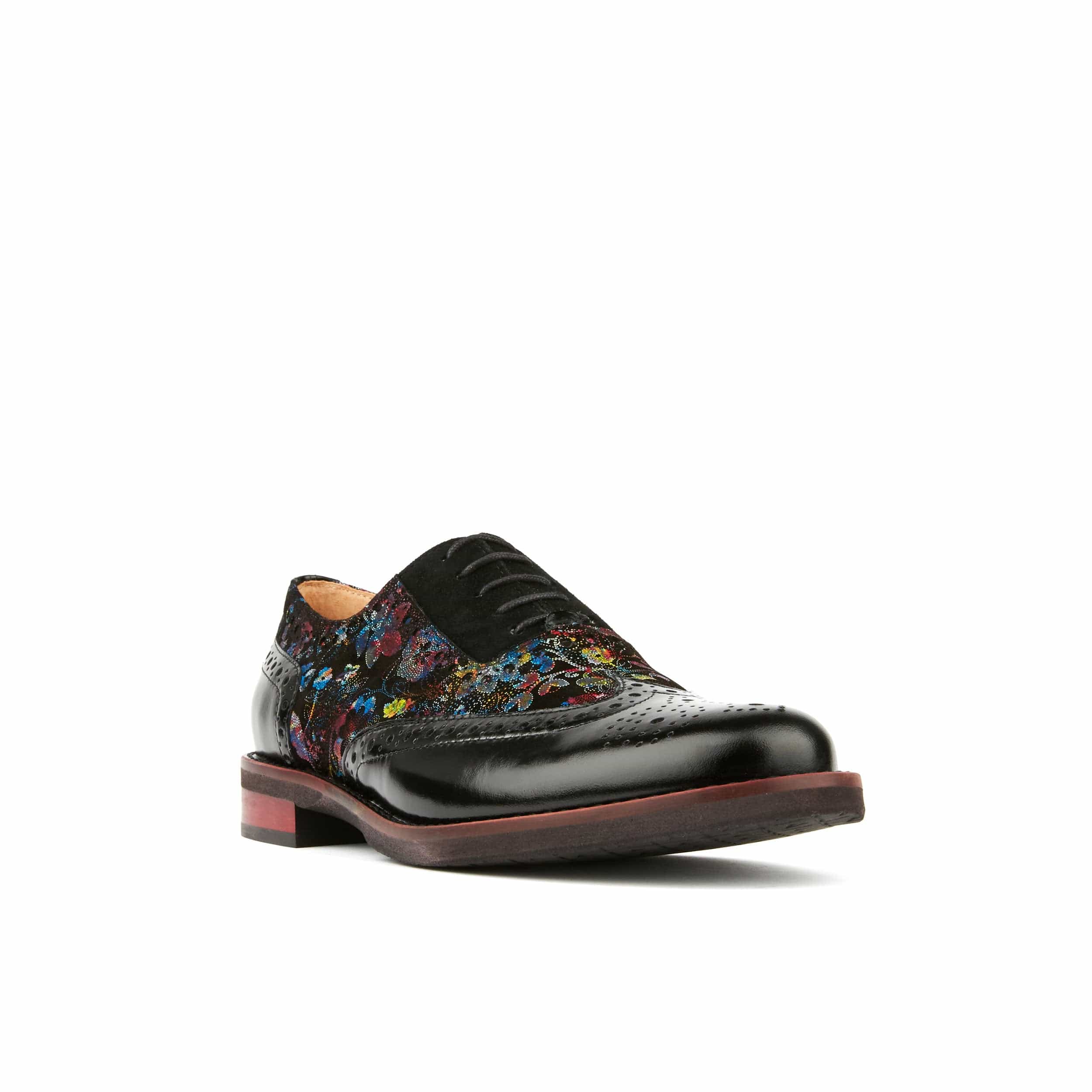 Vivienne - Black Flower - Women's oxford lace-up shoe with brogue details