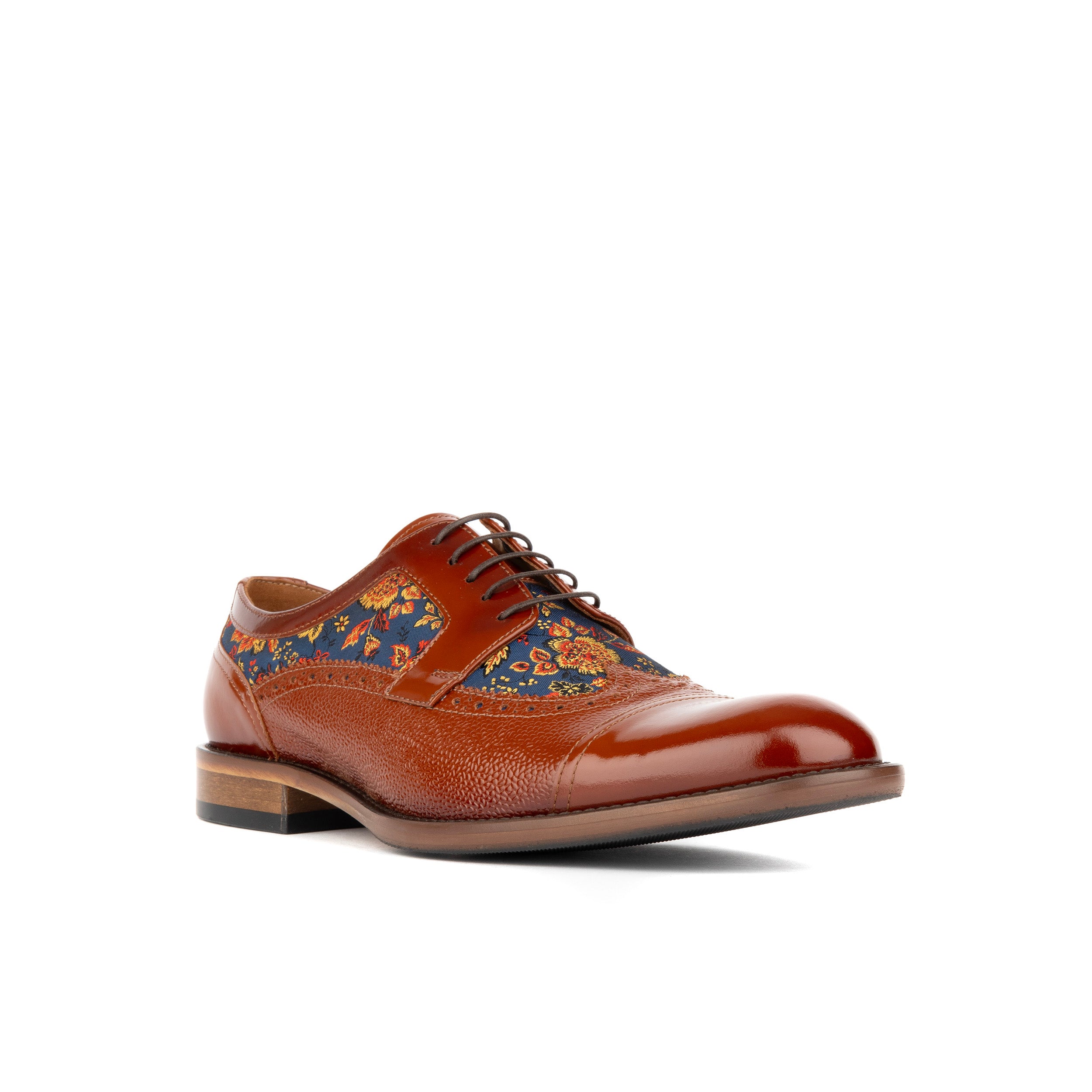 Orlando - Tan & Blue Flowers - Men's leather dress shoe with floral print