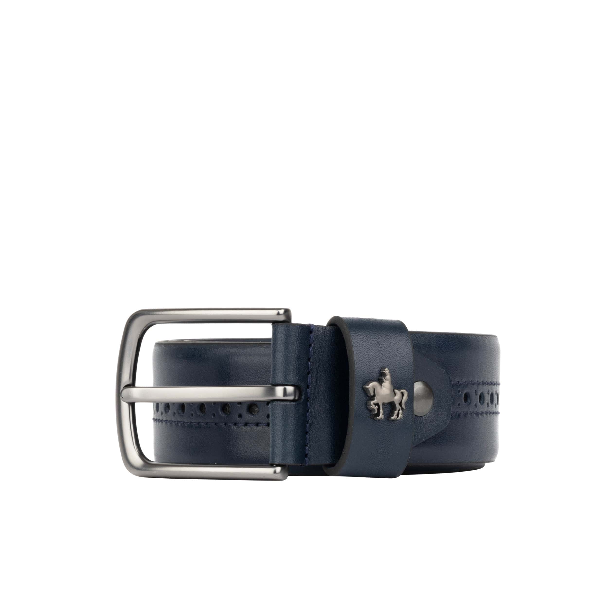 Scott - Navy - Men's smooth full-grain navy leather belt with brogue style
