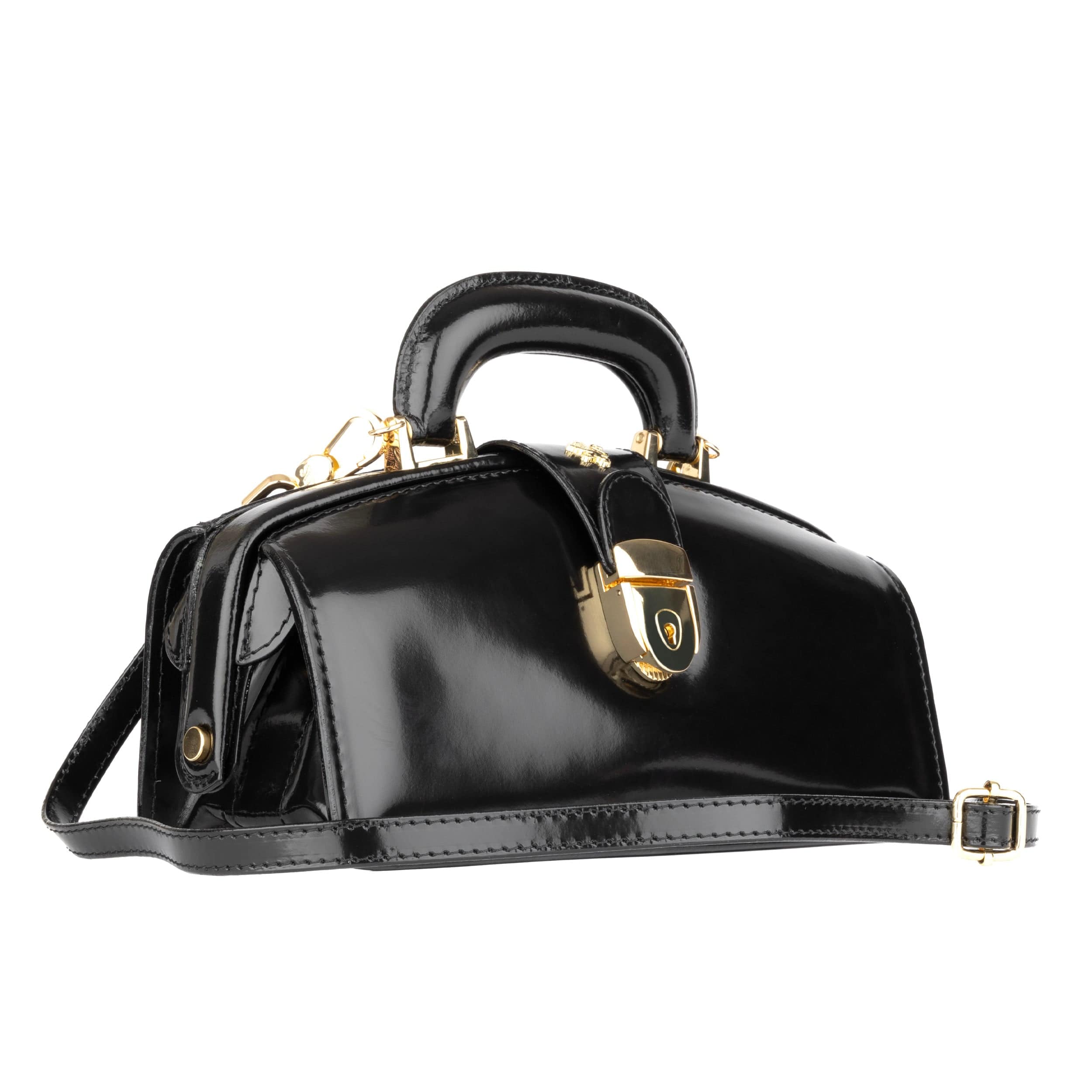 Gazelle - Black - Women's patent bowling bag with handle and strap