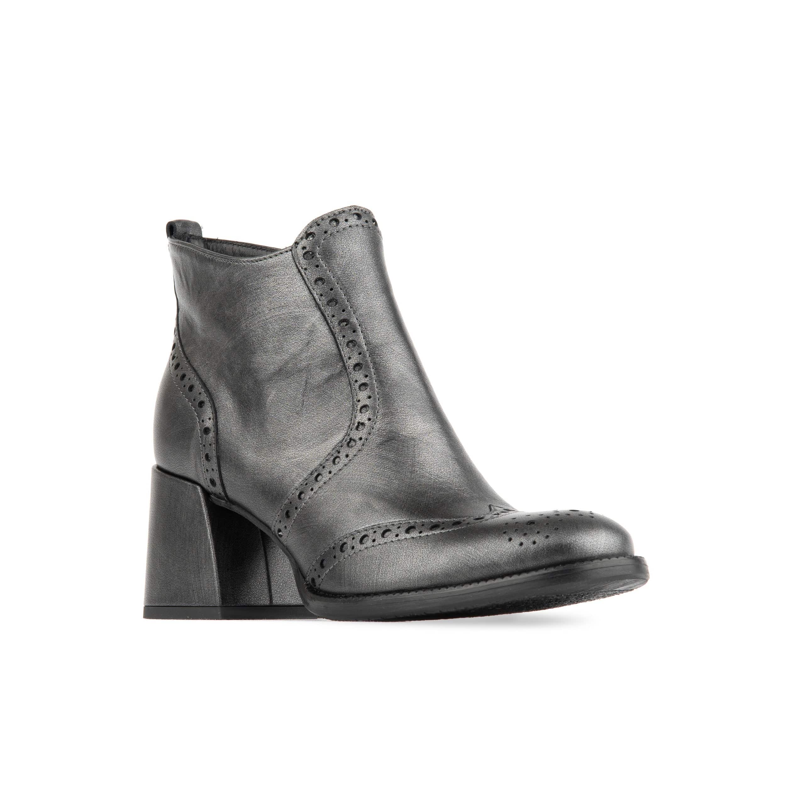 Chloe Low - Black Silver - Women's block heel ankle leather boot with brogue details