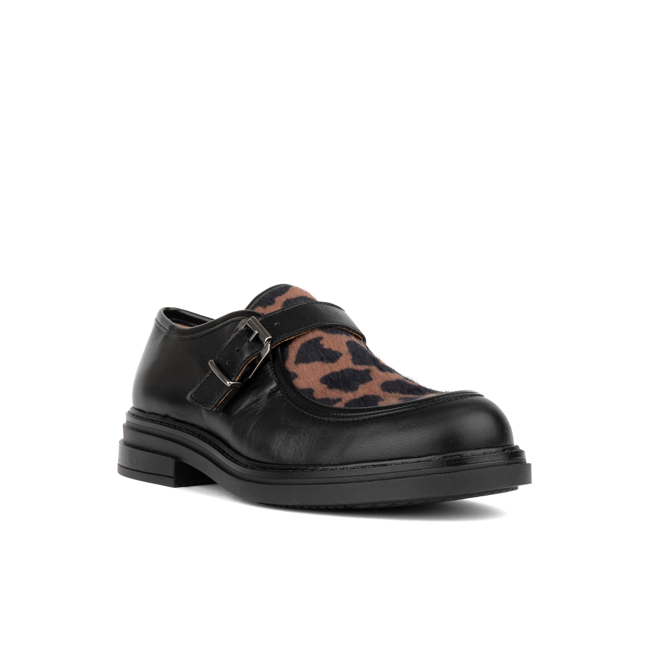 Strapp - Black & Cow - Women’s leather ponyhair loafer with buckle
