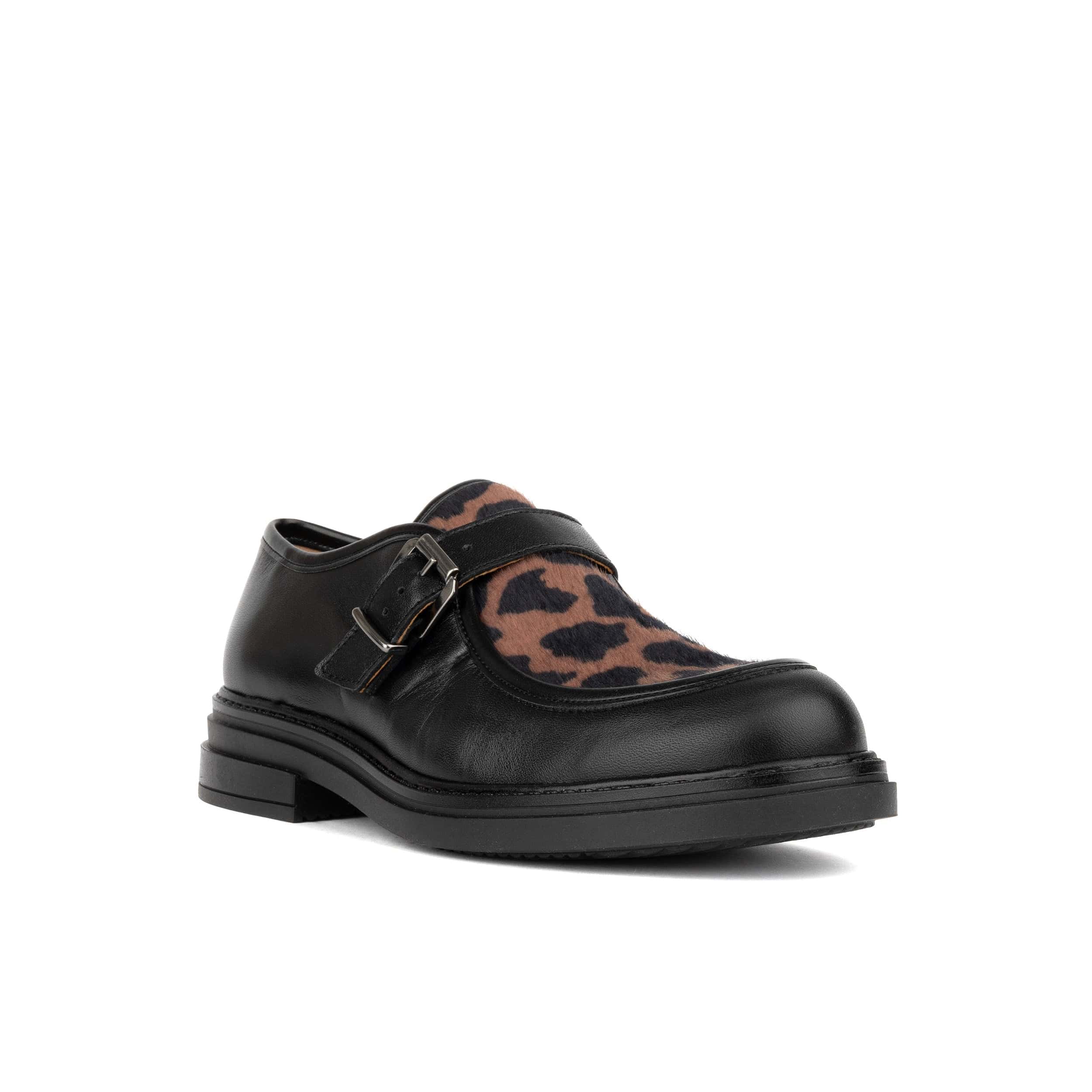 Strapp - Black & Cow - Women’s leather ponyhair loafer with buckle