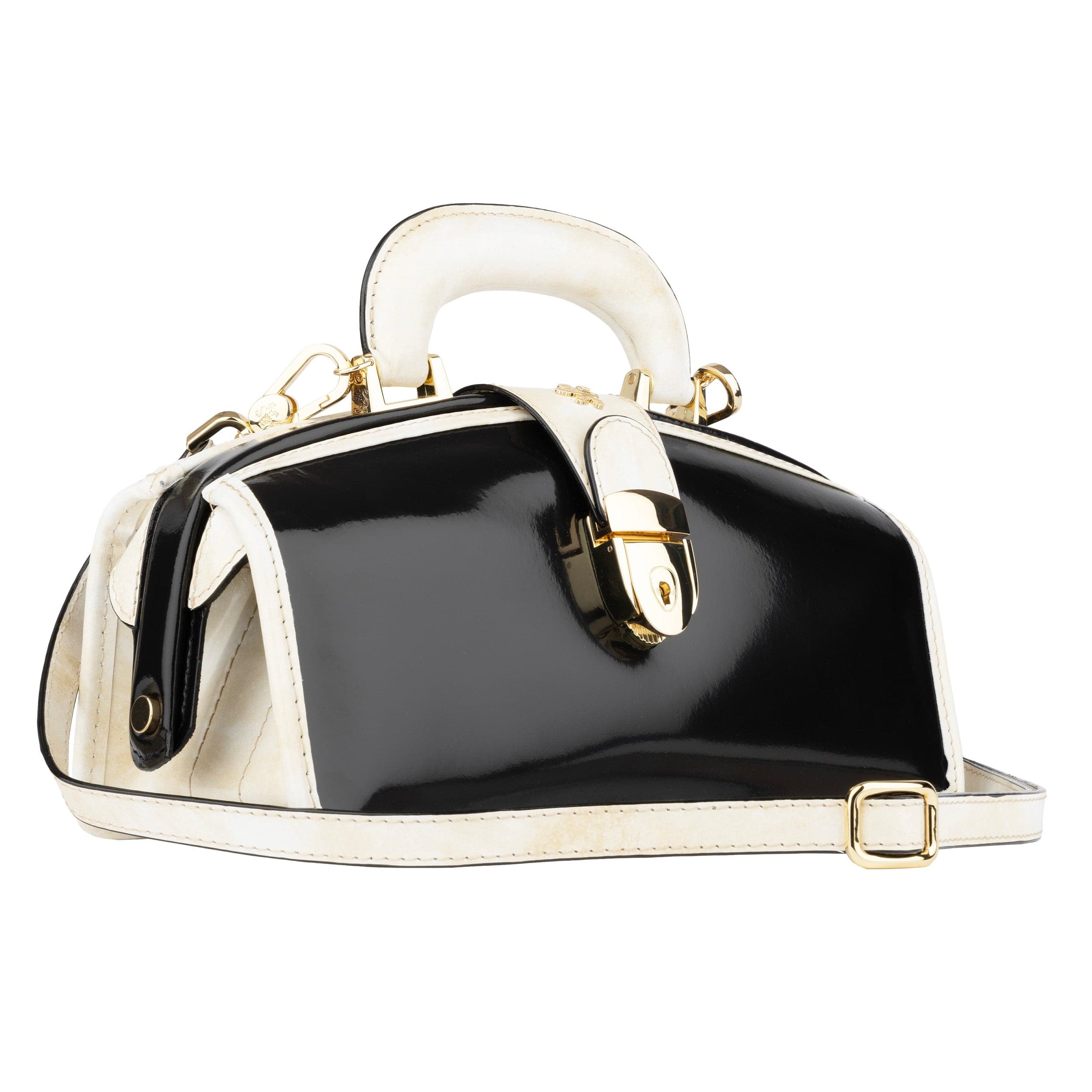 Gazelle - Black & Cream - Women's patent clutch bowling bag with handle and strap
