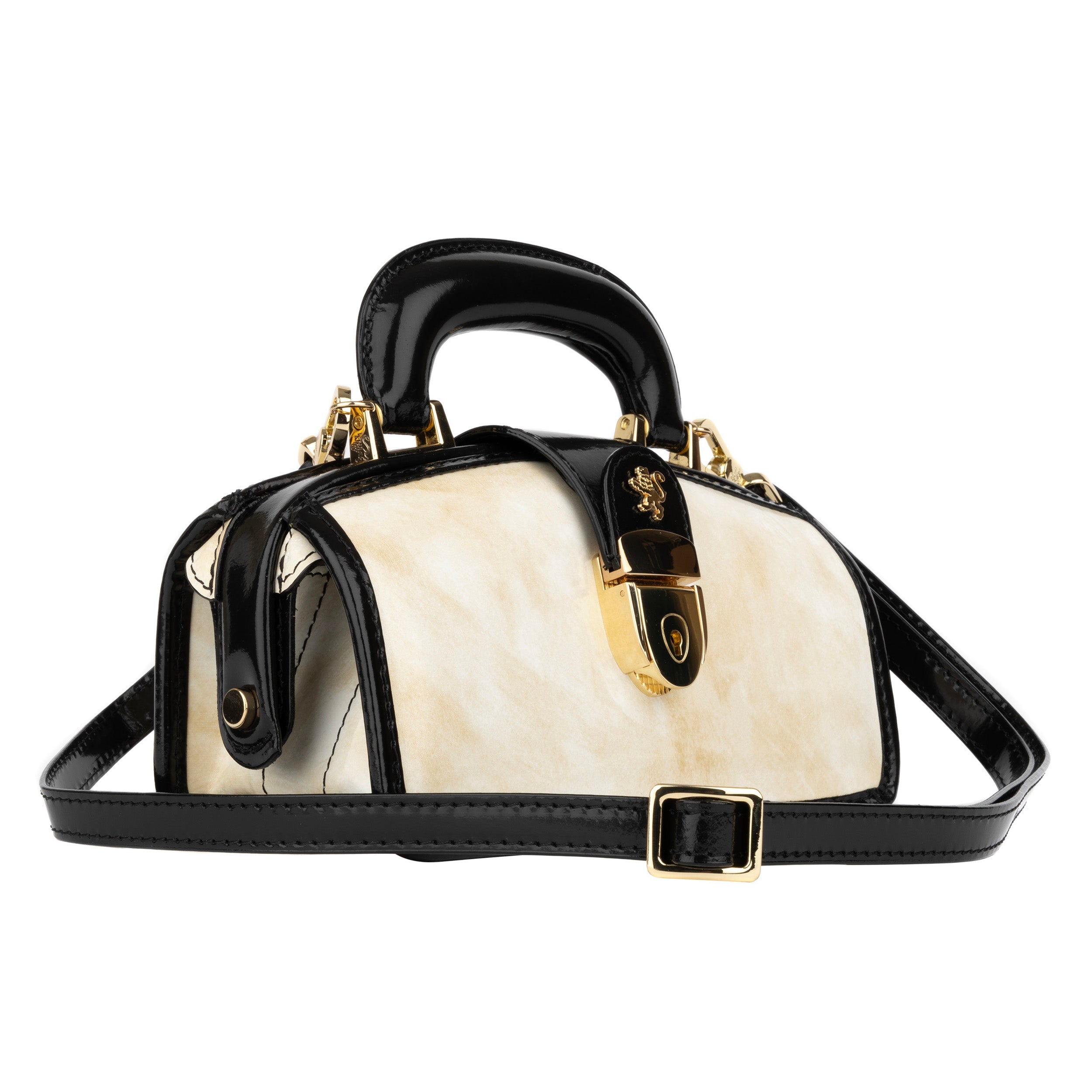 Gazelle Mini - White & Black - Women’s mini patent leather top handle & crossbody bag