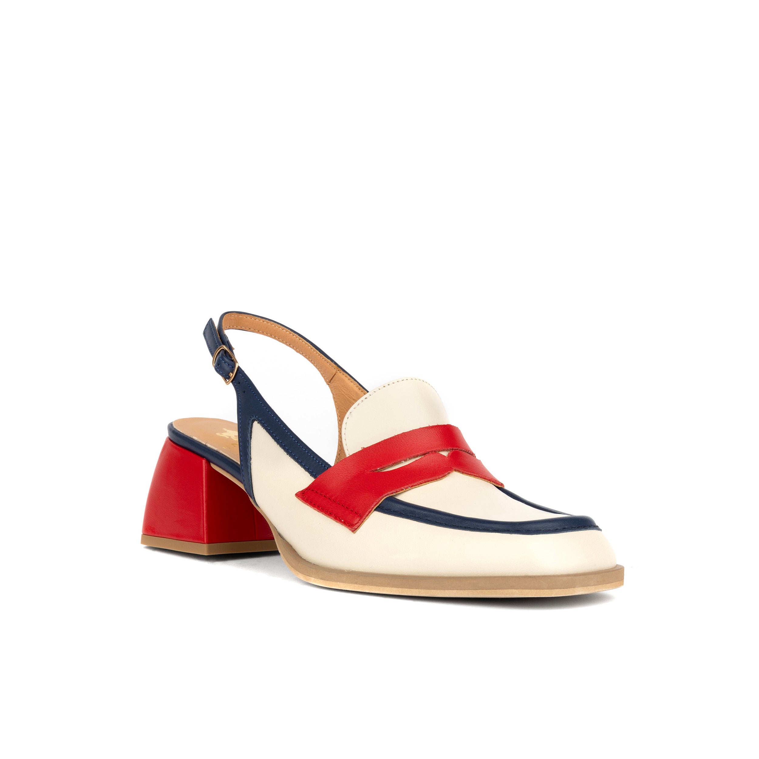 Diana - Cream & Red & Blue - Women's block heel slingback leather pump